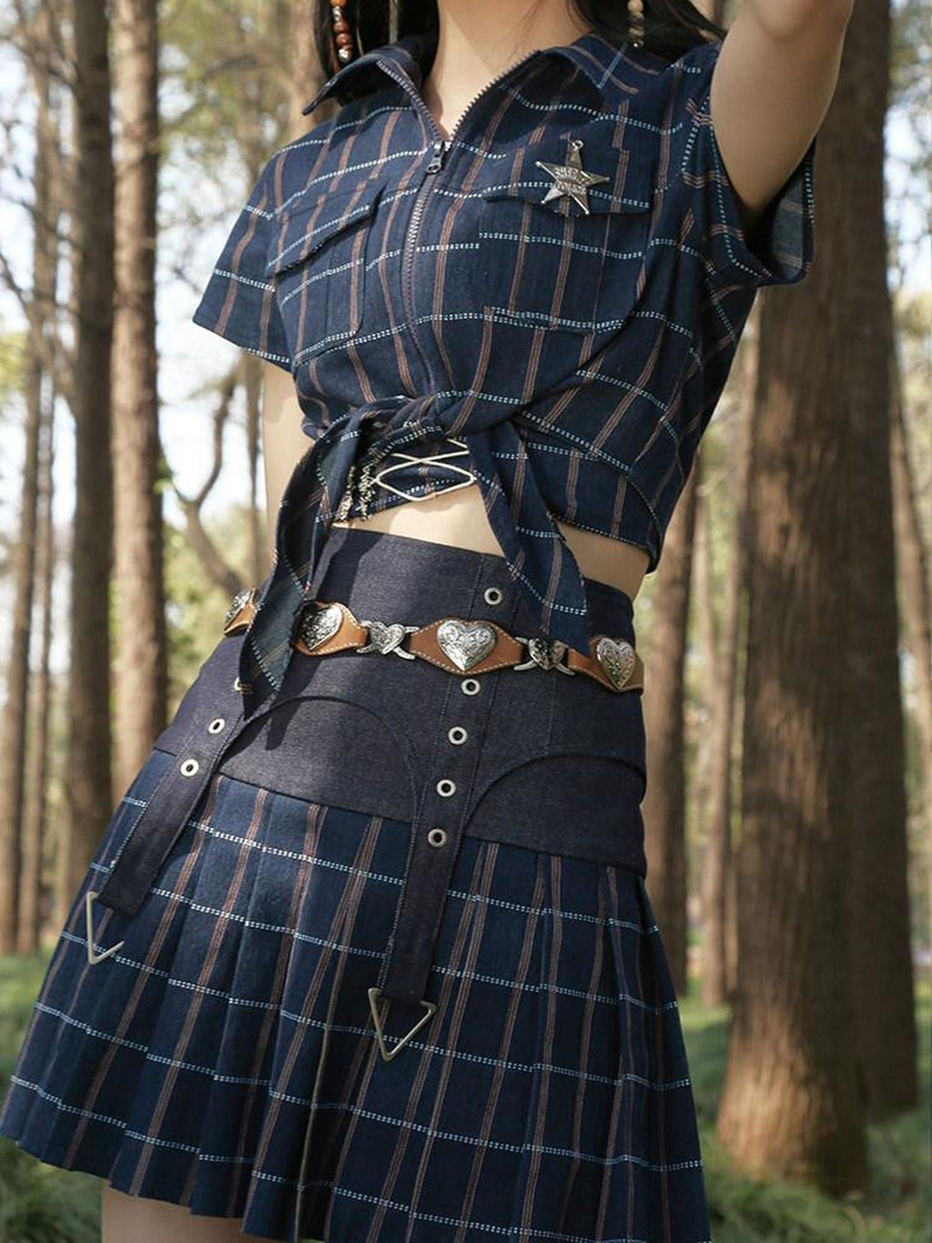 NextPassport MOF Girly Denim Hollow Heart Cutout Long Women's Pu Metal Buckle Belts