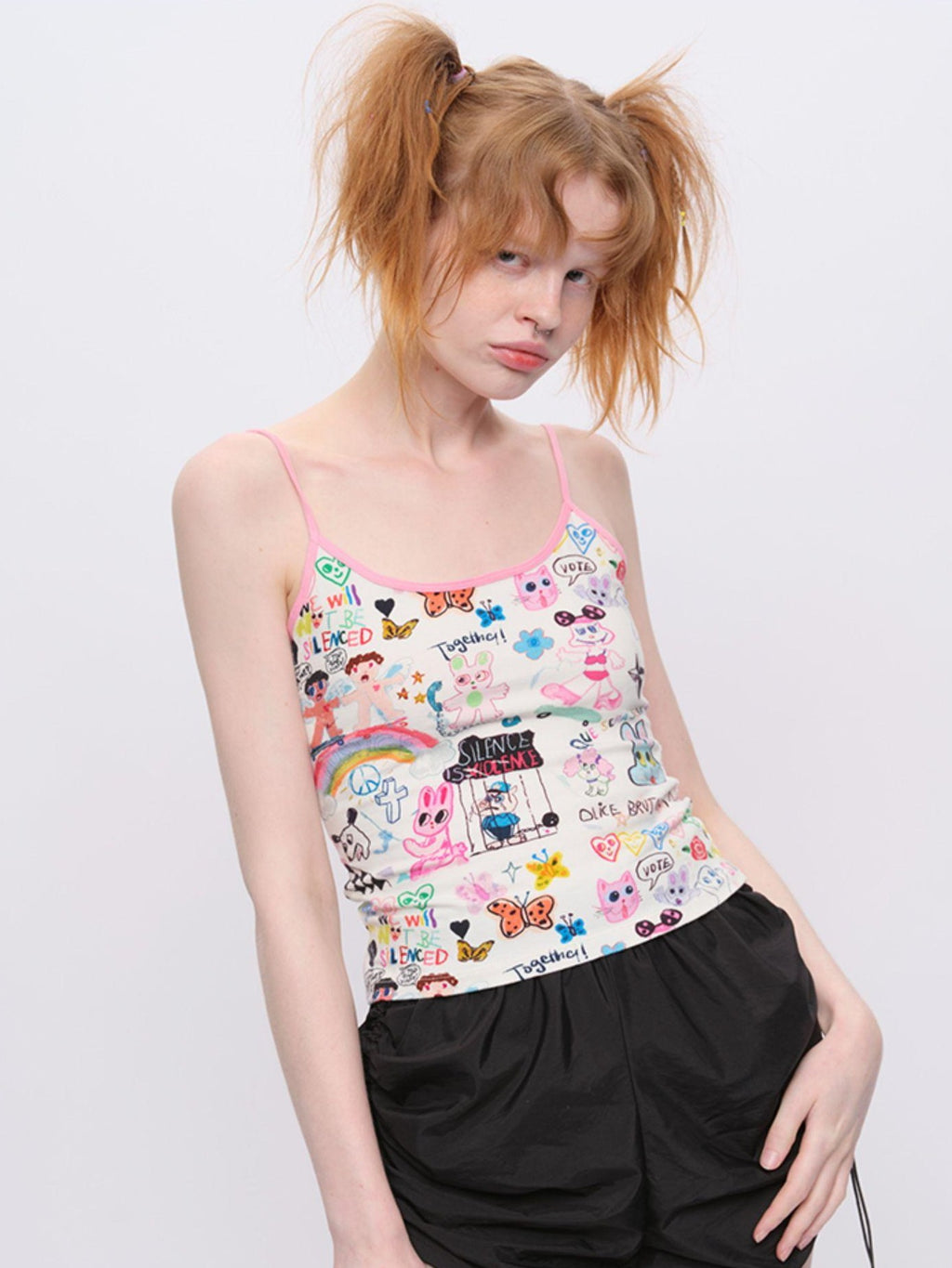 NextPassport MOF Graffiti Print Cropped Slim Fit Thin Strap Women's Camisoles