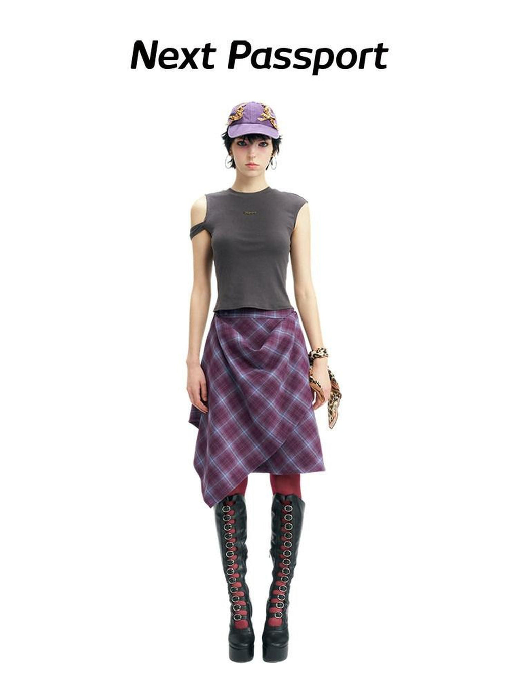 NextPassport MOF Gray Asymmetric Sleeveless Loose Fit Women's Cotton Blend Off-shoulder T-shirts