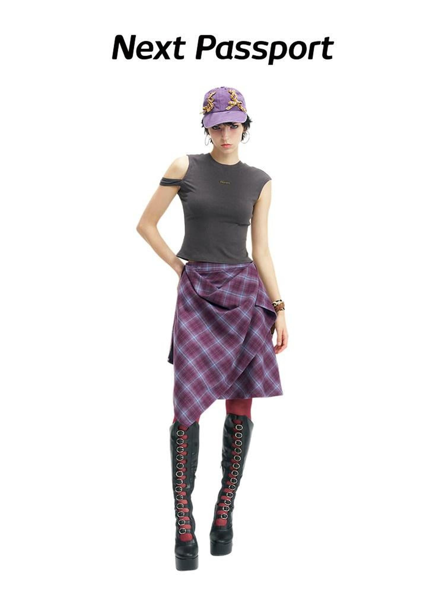 NextPassport MOF Gray Asymmetric Sleeveless Loose Fit Women's Cotton Blend Off-shoulder T-shirts