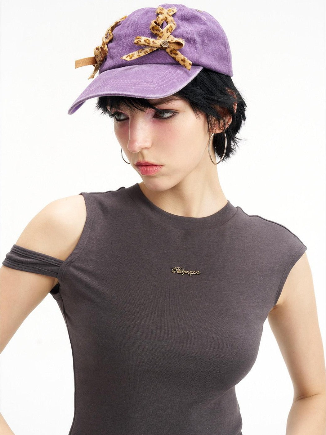 NextPassport MOF Gray Asymmetric Sleeveless Loose Fit Women's Cotton Blend Off-shoulder T-shirts