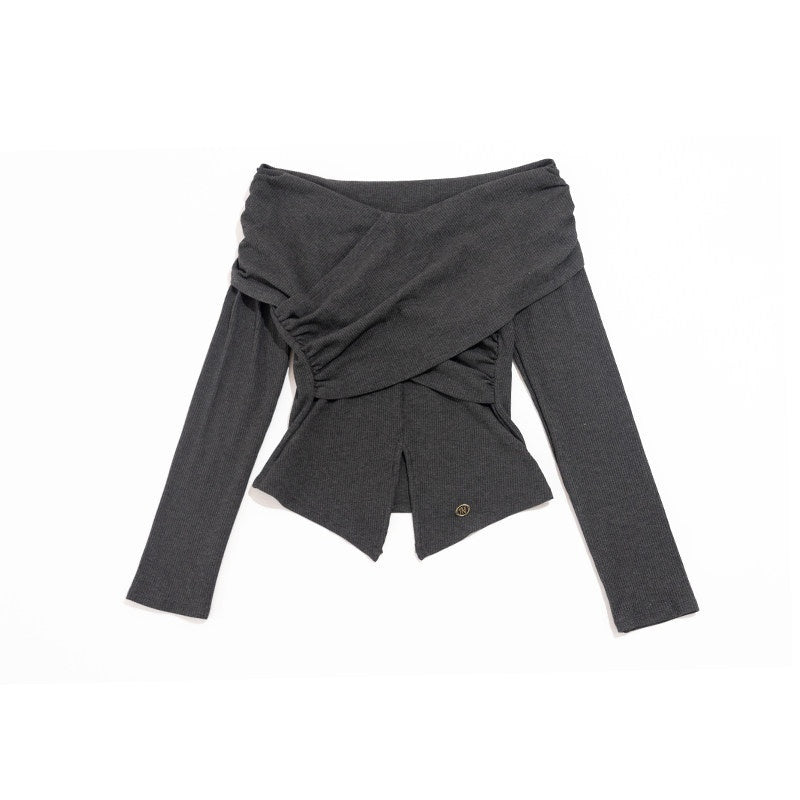 NextPassport_MOF_Gray_Cross_Pleated_Bardot_Women's_Viscose_Blend_Long_Sleeve_T-shirts_824988262661_MISSTT
