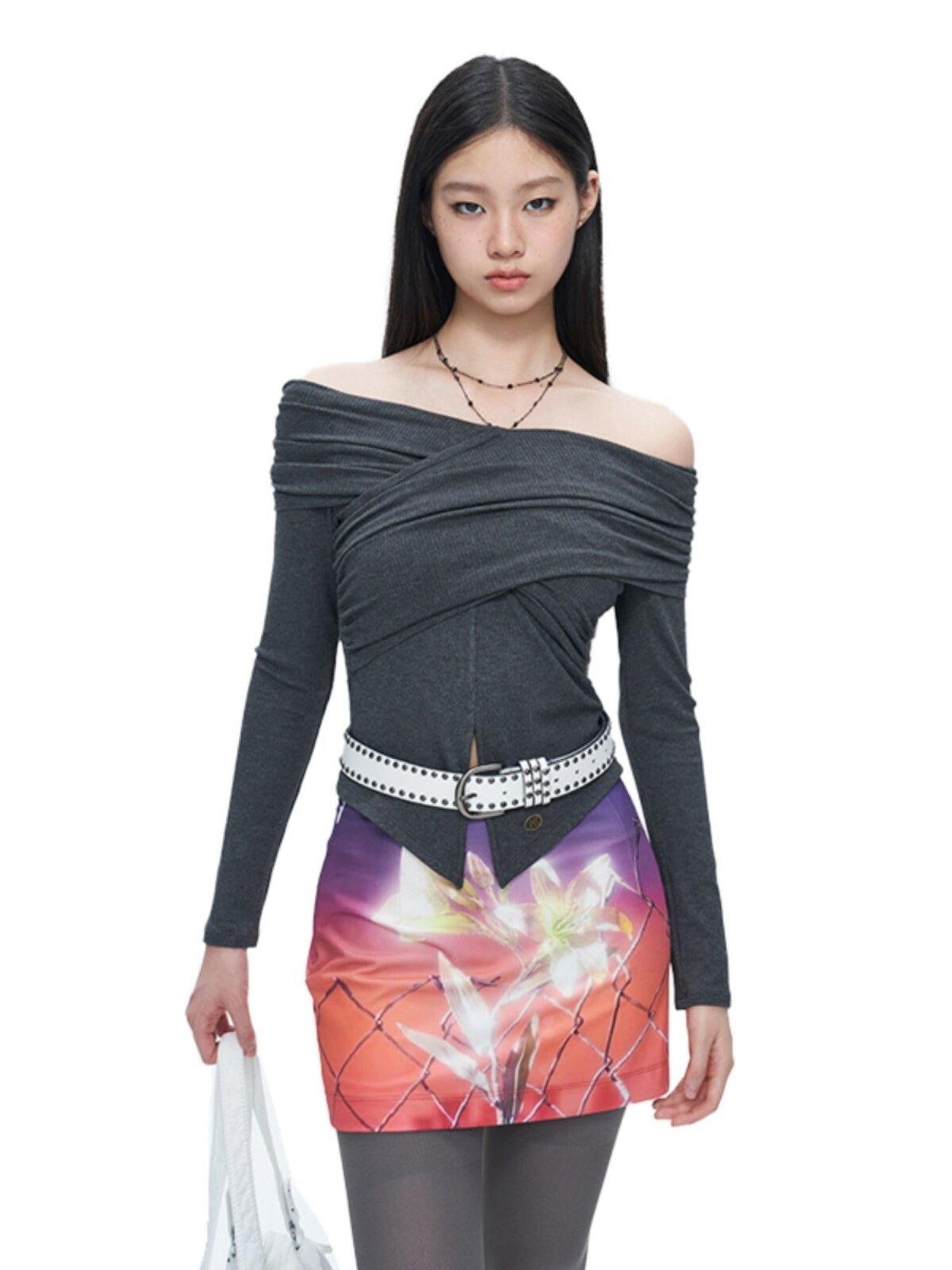 NextPassport MOF Gray Cross Pleated Bardot Women's Viscose Blend Long Sleeve T-shirts