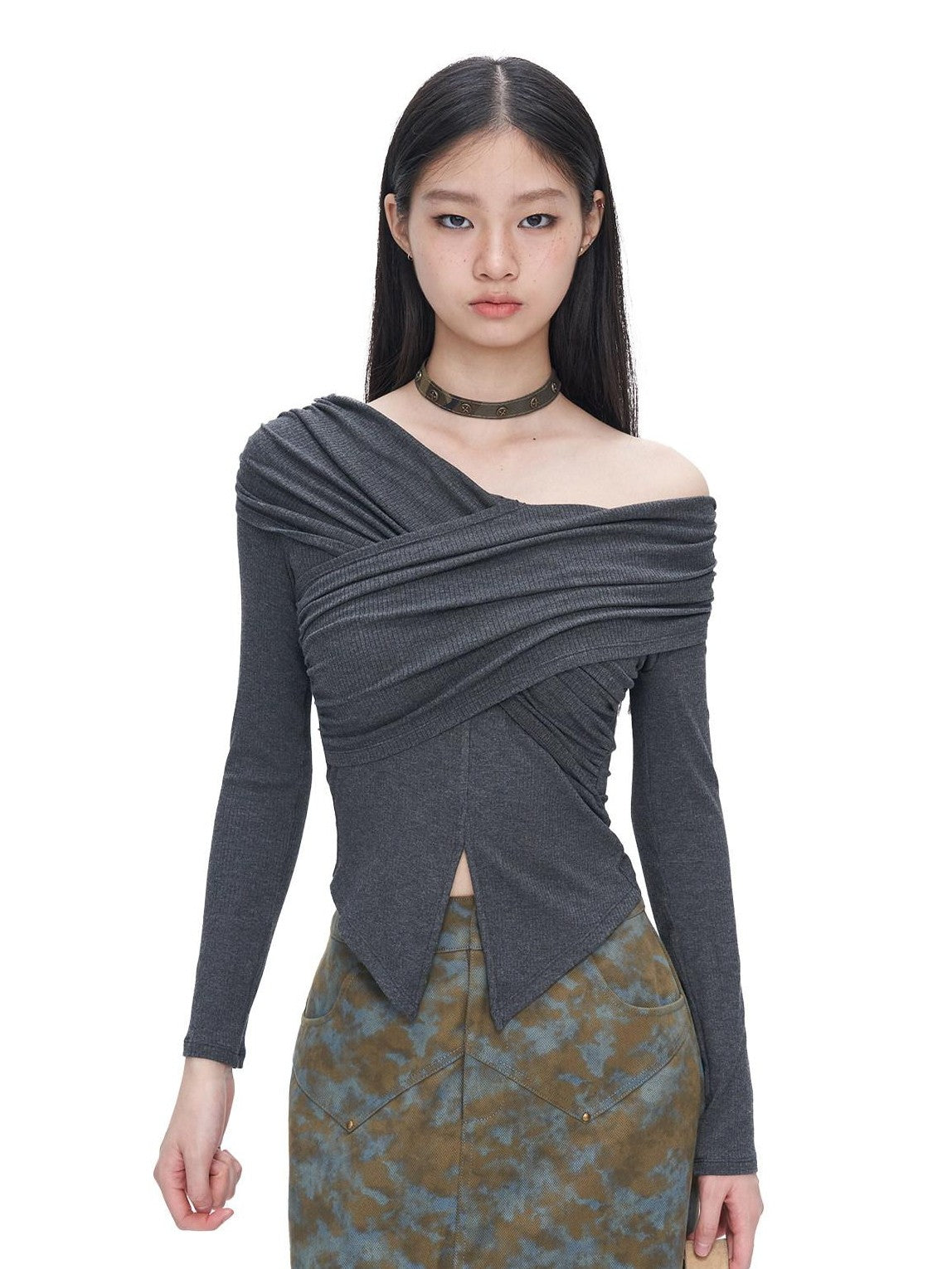 NextPassport MOF Gray Cross Pleated Bardot Women's Viscose Blend Long Sleeve T-shirts