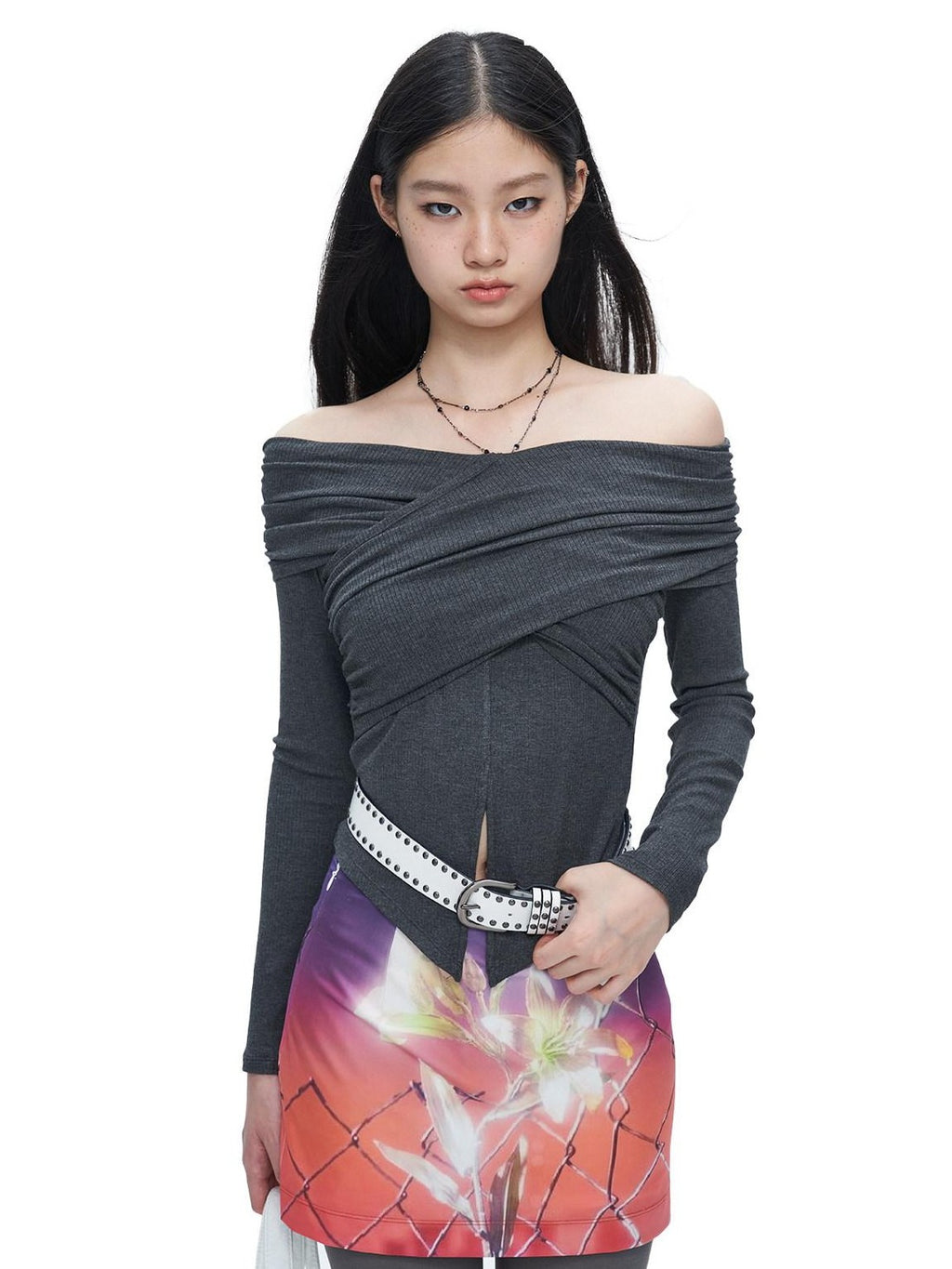 NextPassport MOF Gray Cross Pleated Bardot Women's Viscose Blend Long Sleeve T-shirts