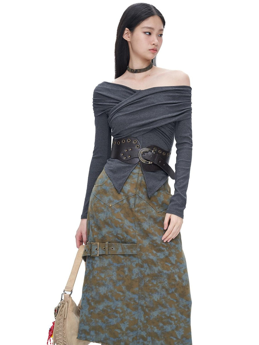 NextPassport MOF Gray Cross Pleated Bardot Women's Viscose Blend Long Sleeve T-shirts
