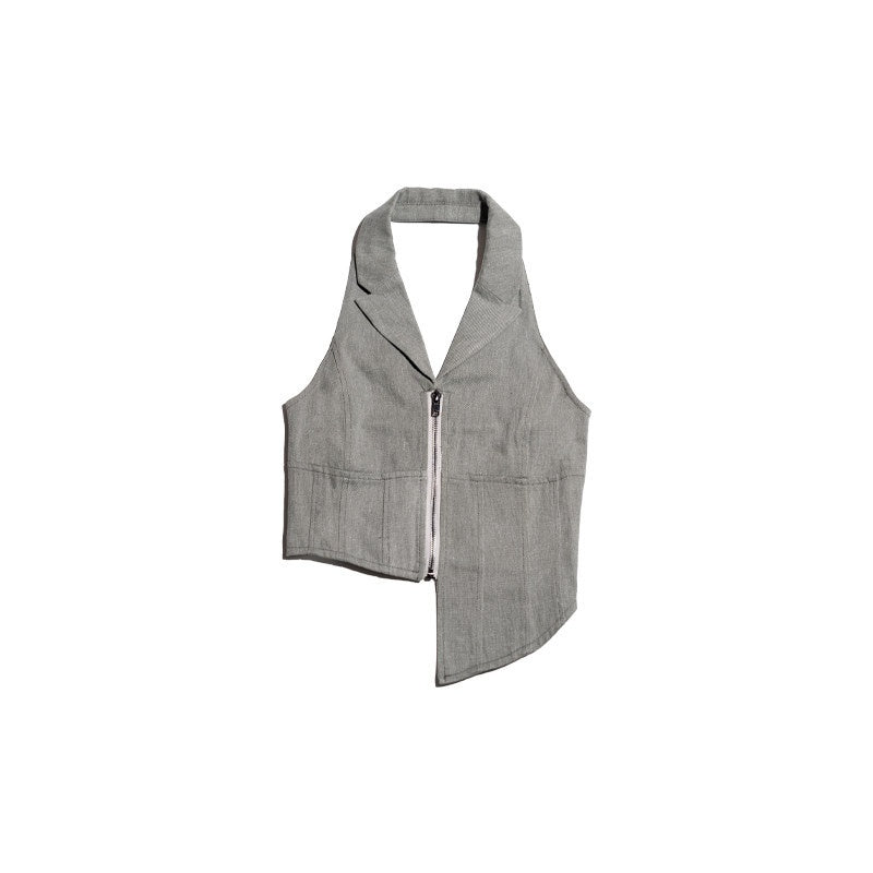 NextPassport_MOF_Gray_Denim_Blazer_Collar_Zipper_Asymmetric_Hem_Halter_Women's_Cotton_Vests_775687414669_MISSTT