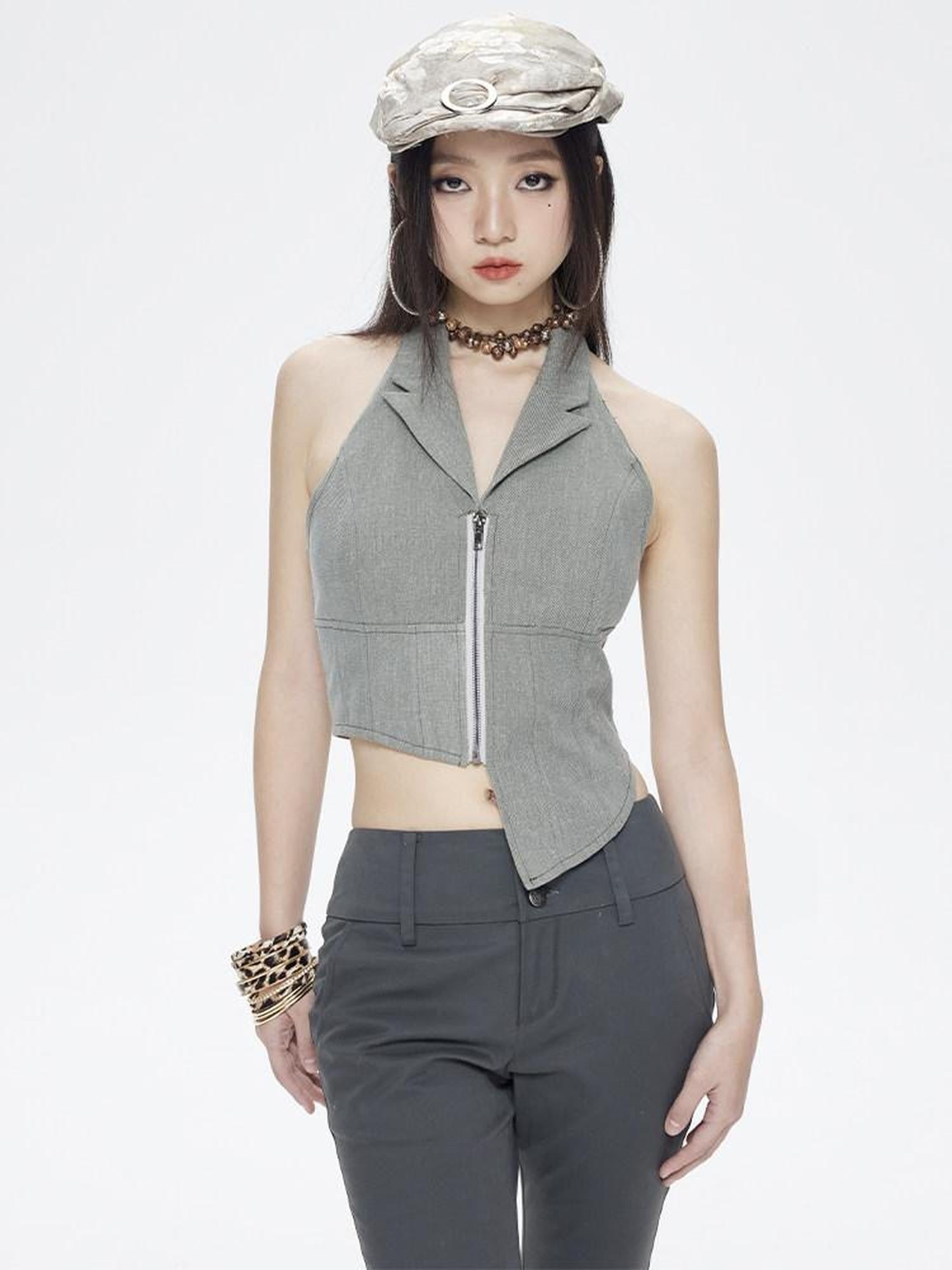 NextPassport MOF Gray Denim Blazer Collar Zipper Asymmetric Hem Halter Women's Cotton Vests