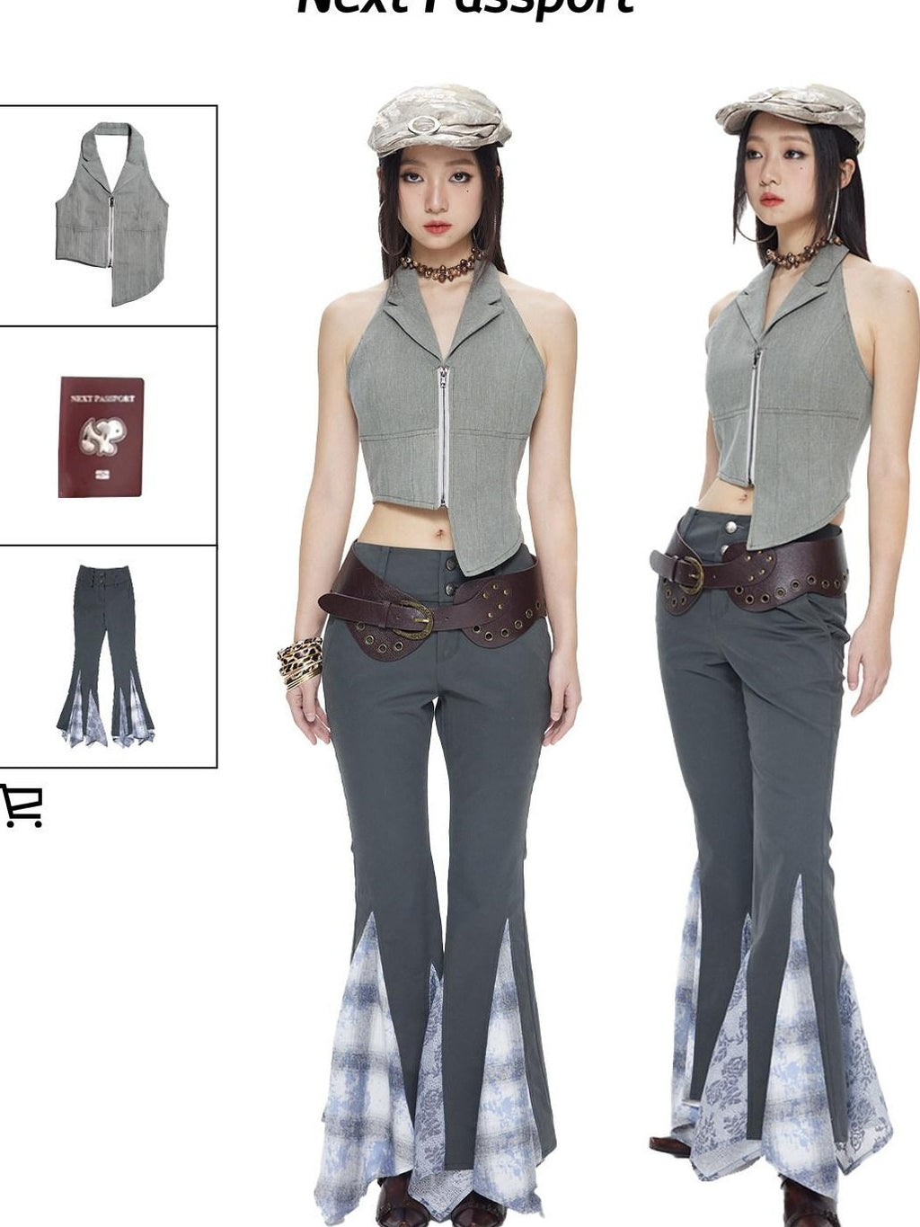 NextPassport MOF Gray Denim Blazer Collar Zipper Asymmetric Hem Halter Women's Cotton Vests