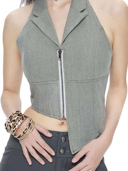 NextPassport MOF Gray Denim Blazer Collar Zipper Asymmetric Hem Halter Women's Cotton Vests