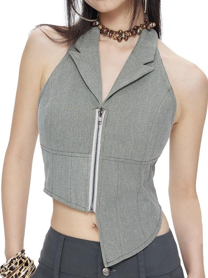 NextPassport MOF Gray Denim Blazer Collar Zipper Asymmetric Hem Halter Women's Cotton Vests