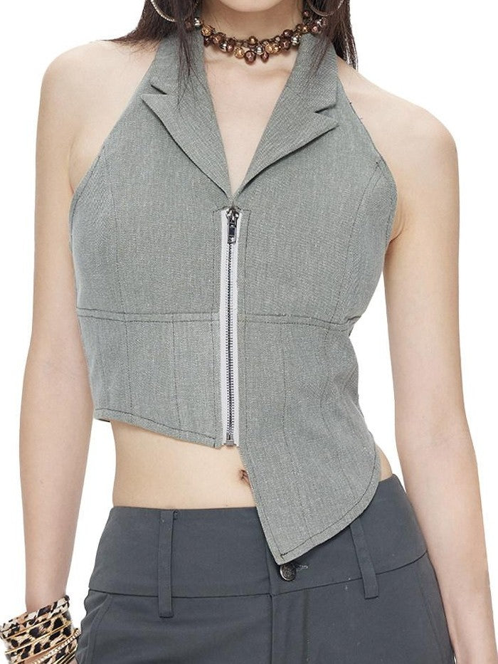 NextPassport MOF Gray Denim Blazer Collar Zipper Asymmetric Hem Halter Women's Cotton Vests