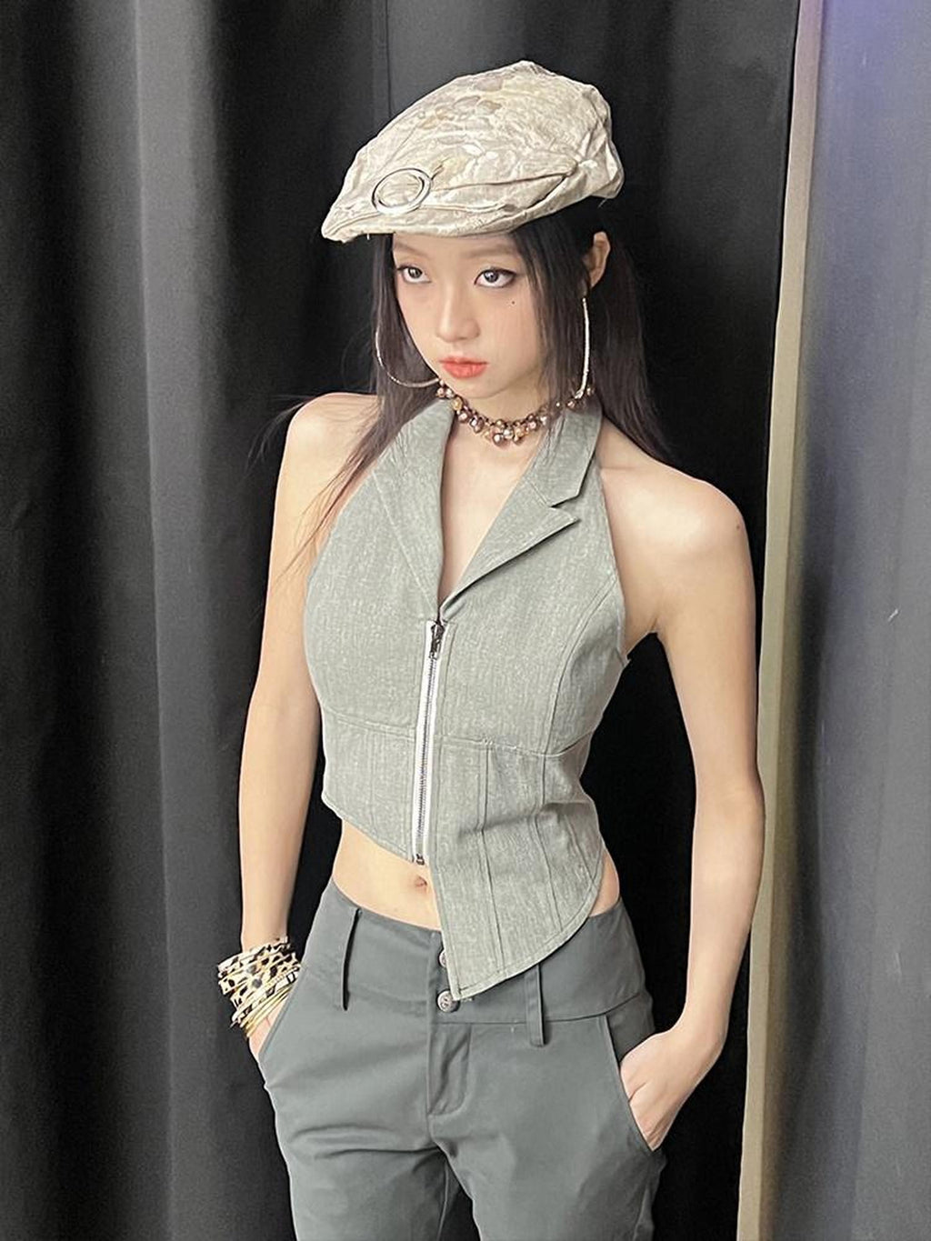 NextPassport MOF Gray Denim Blazer Collar Zipper Asymmetric Hem Halter Women's Cotton Vests