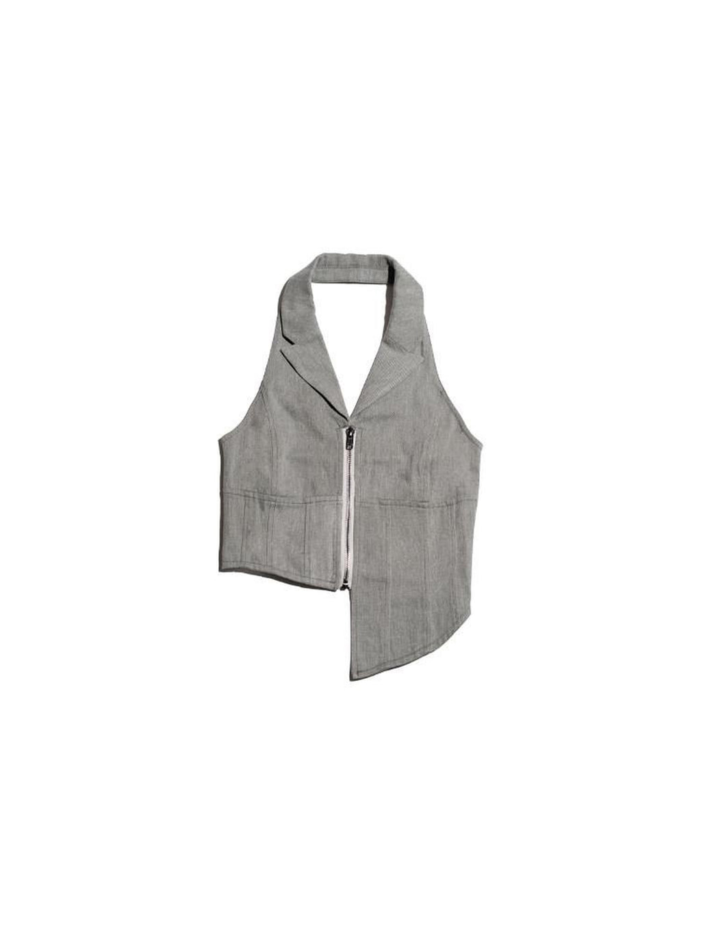 NextPassport MOF Gray Denim Blazer Collar Zipper Asymmetric Hem Halter Women's Cotton Vests