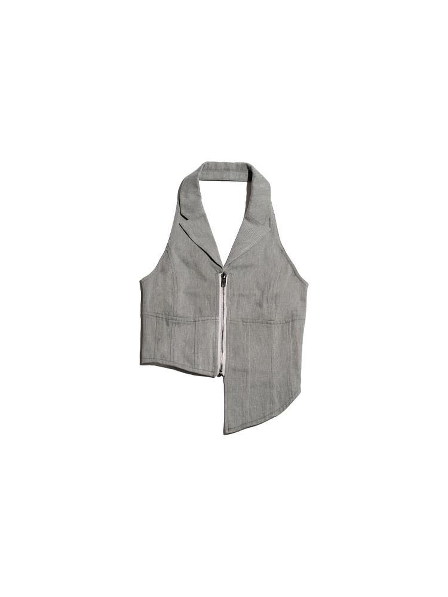 NextPassport MOF Gray Denim Blazer Collar Zipper Asymmetric Hem Halter Women's Cotton Vests