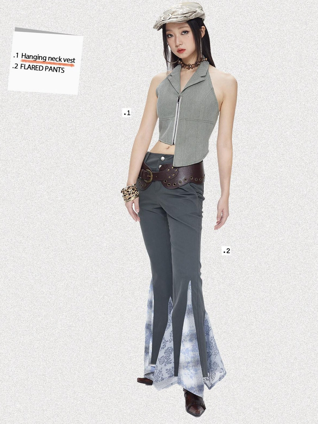 NextPassport MOF Gray Denim Blazer Collar Zipper Asymmetric Hem Halter Women's Cotton Vests