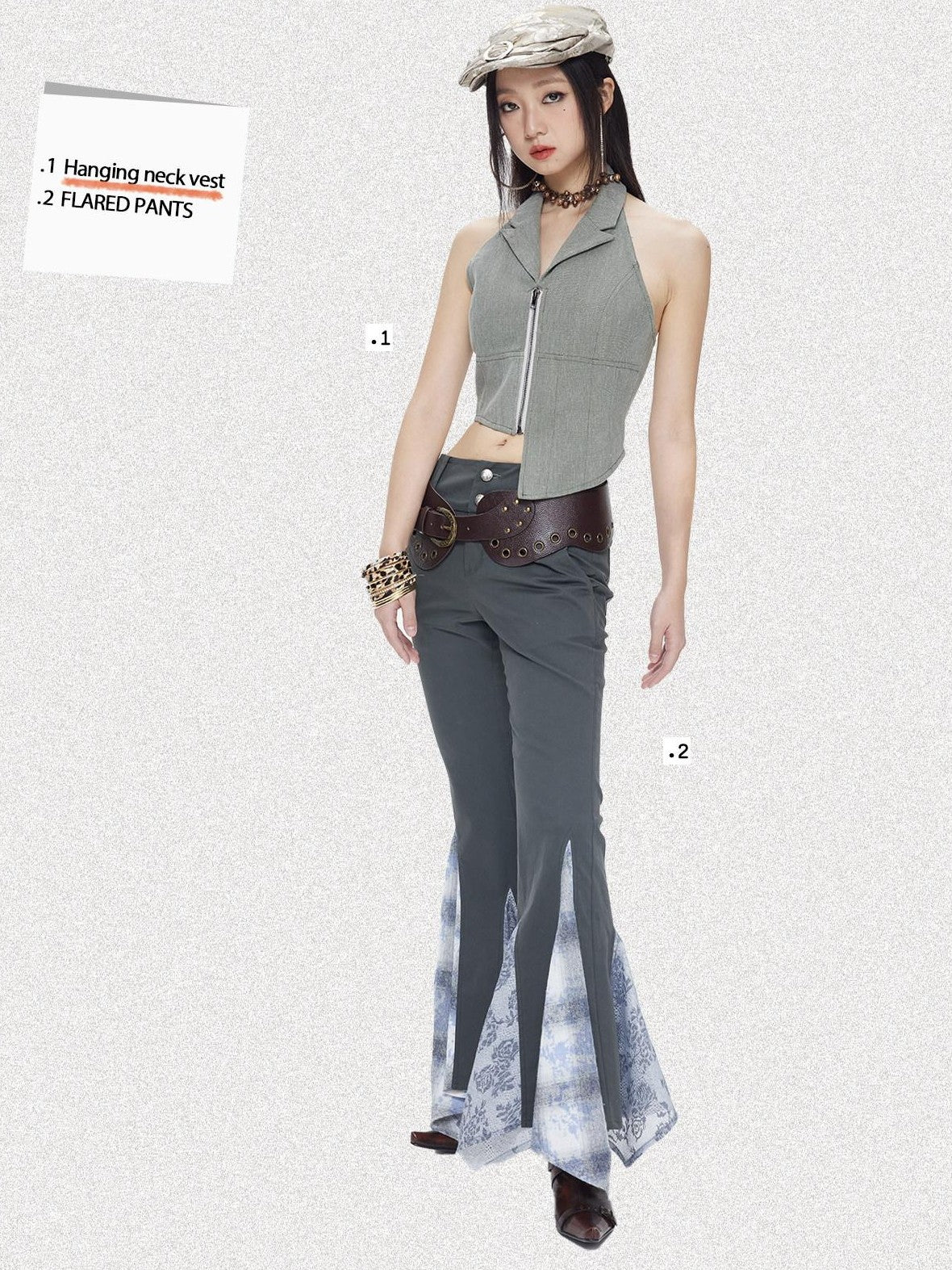 NextPassport MOF Gray Denim Blazer Collar Zipper Asymmetric Hem Halter Women's Cotton Vests