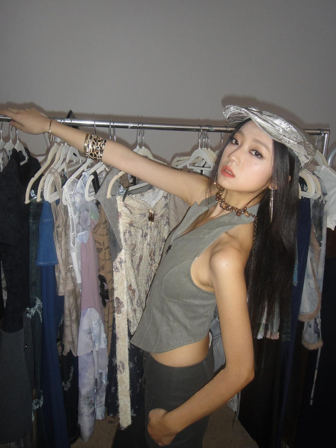 NextPassport MOF Gray Denim Blazer Collar Zipper Asymmetric Hem Halter Women's Cotton Vests
