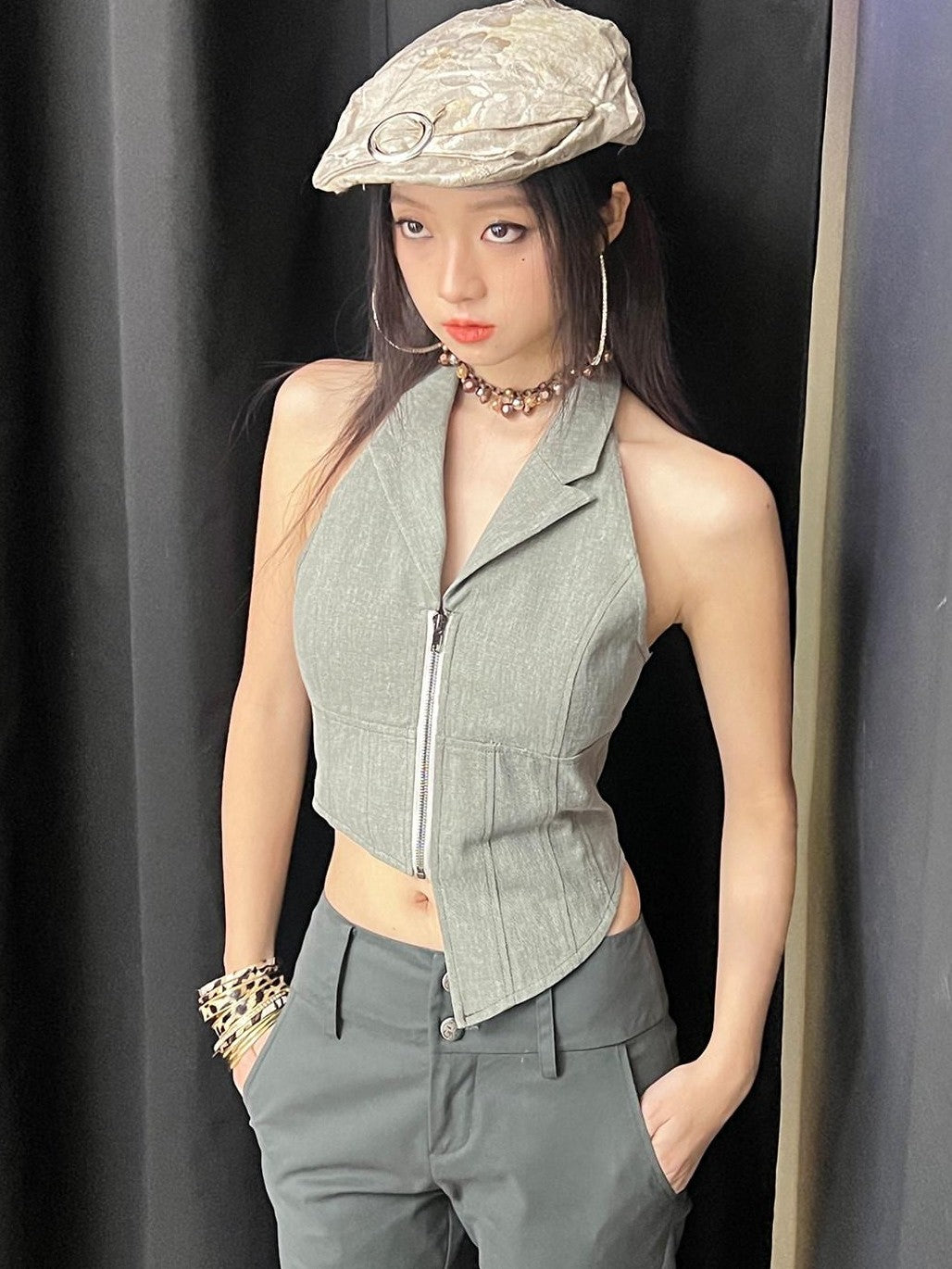 NextPassport MOF Gray Denim Blazer Collar Zipper Asymmetric Hem Halter Women's Cotton Vests