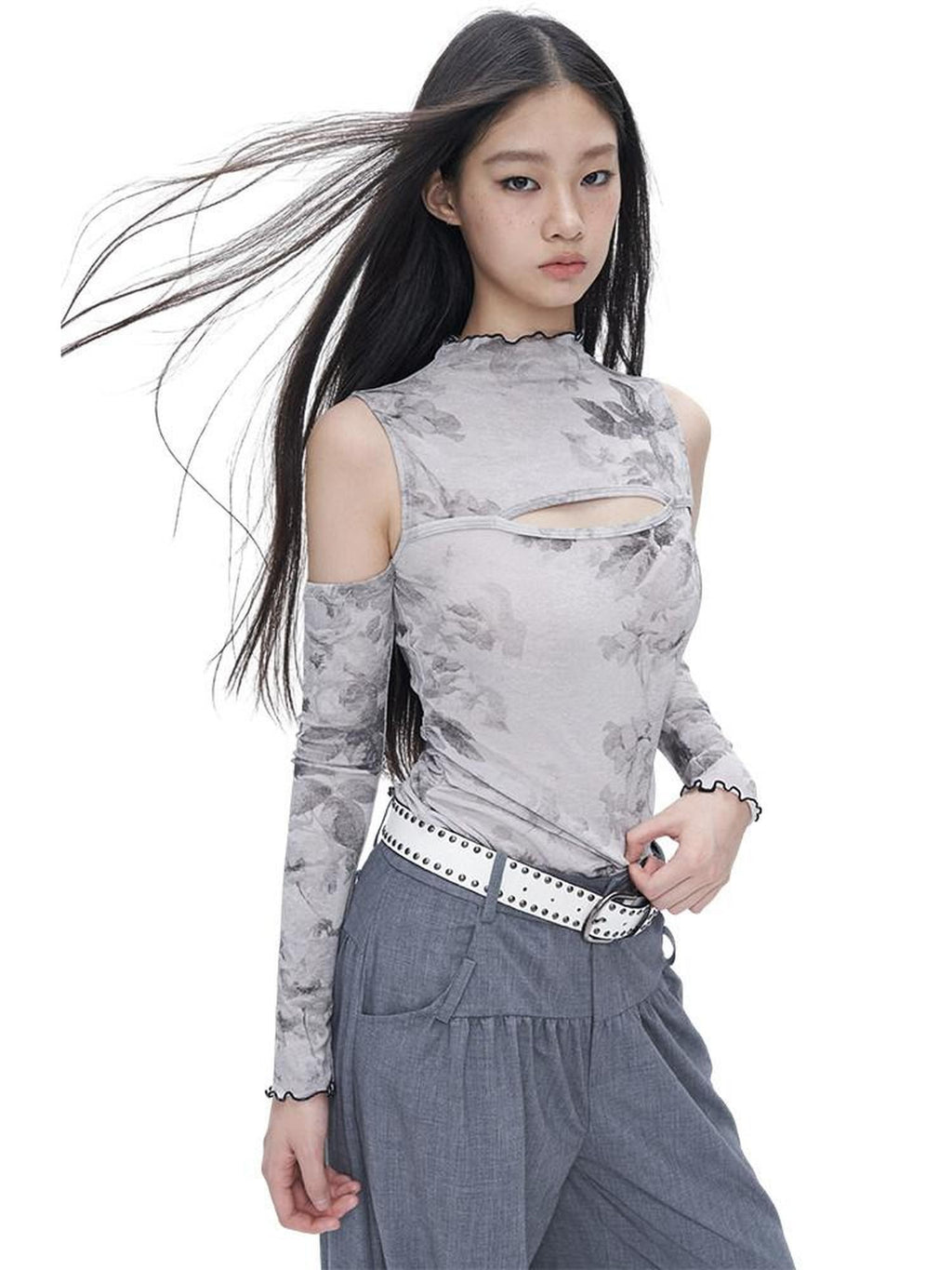 NextPassport MOF Gray Ink Wash Off Shoulder Cutout Waist Asymmetric Women's Long Sleeve T-shirts