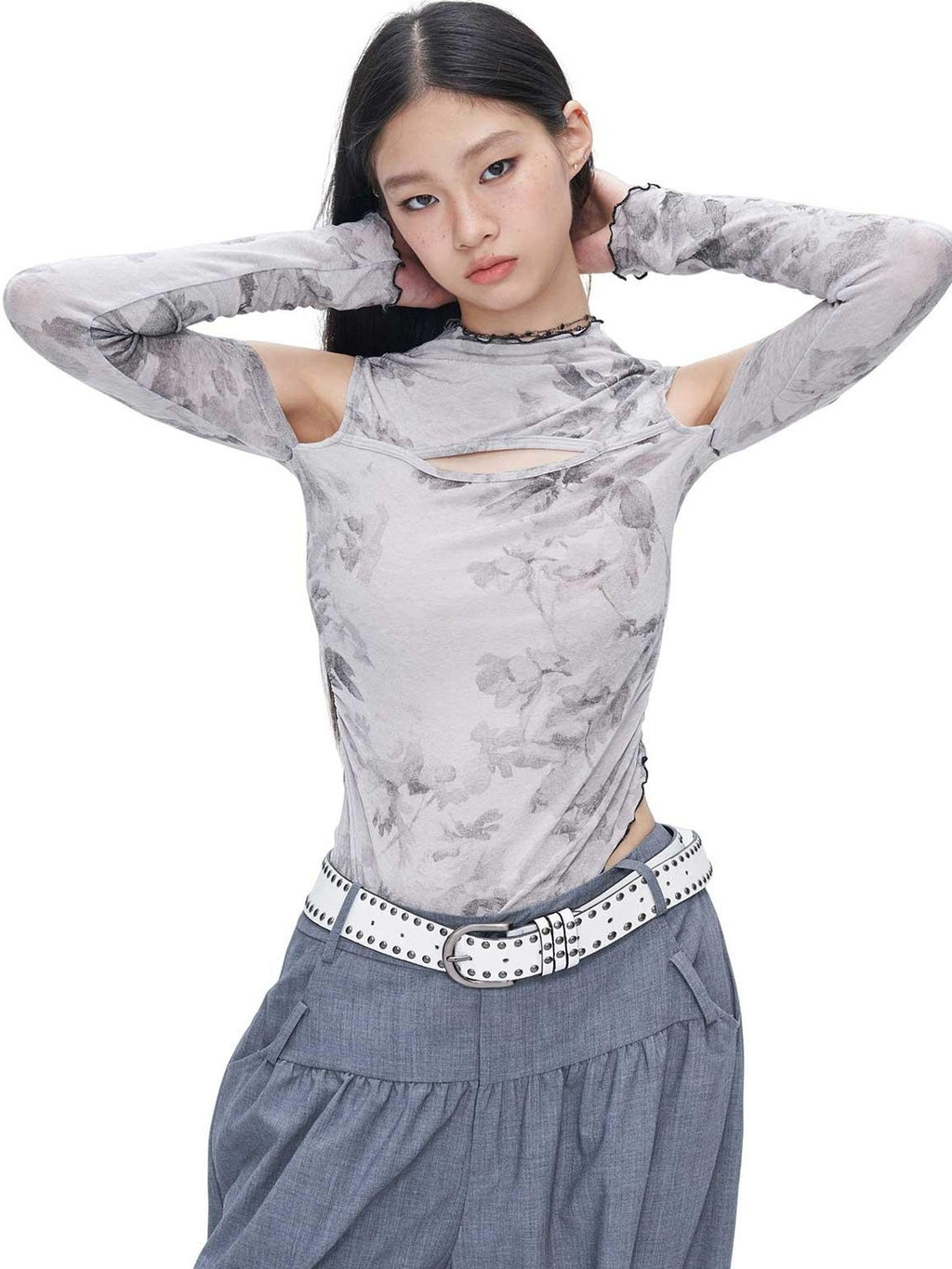 NextPassport MOF Gray Ink Wash Off Shoulder Cutout Waist Asymmetric Women's Long Sleeve T-shirts