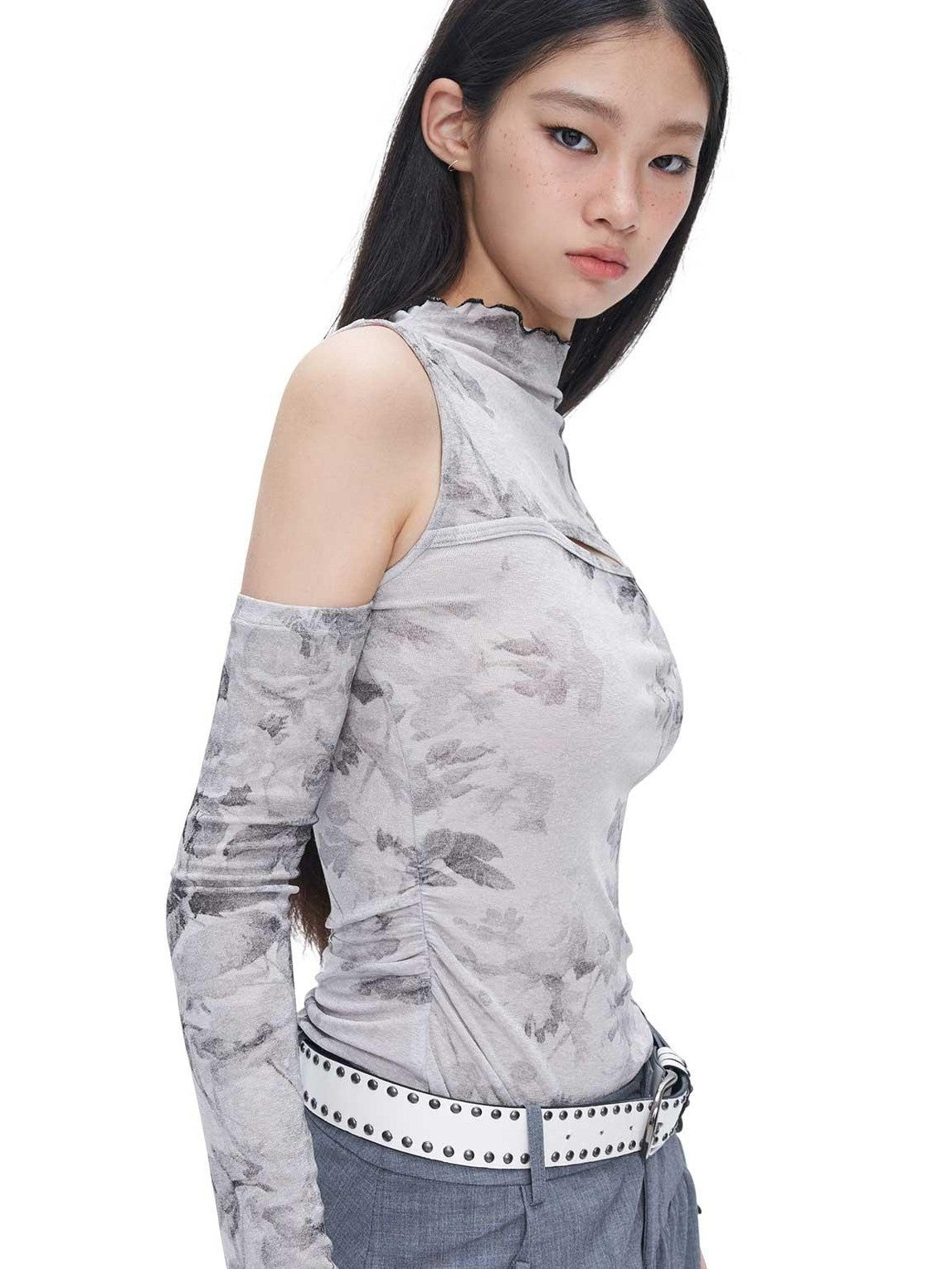 NextPassport MOF Gray Ink Wash Off Shoulder Cutout Waist Asymmetric Women's Long Sleeve T-shirts