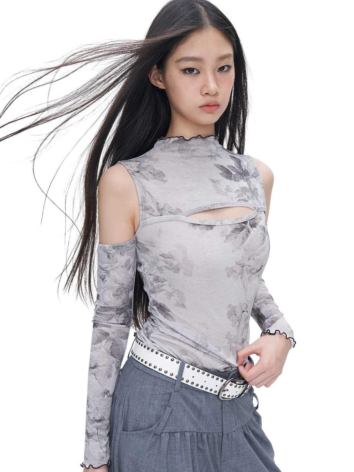 NextPassport MOF Gray Ink Wash Off Shoulder Cutout Waist Asymmetric Women's Long Sleeve T-shirts