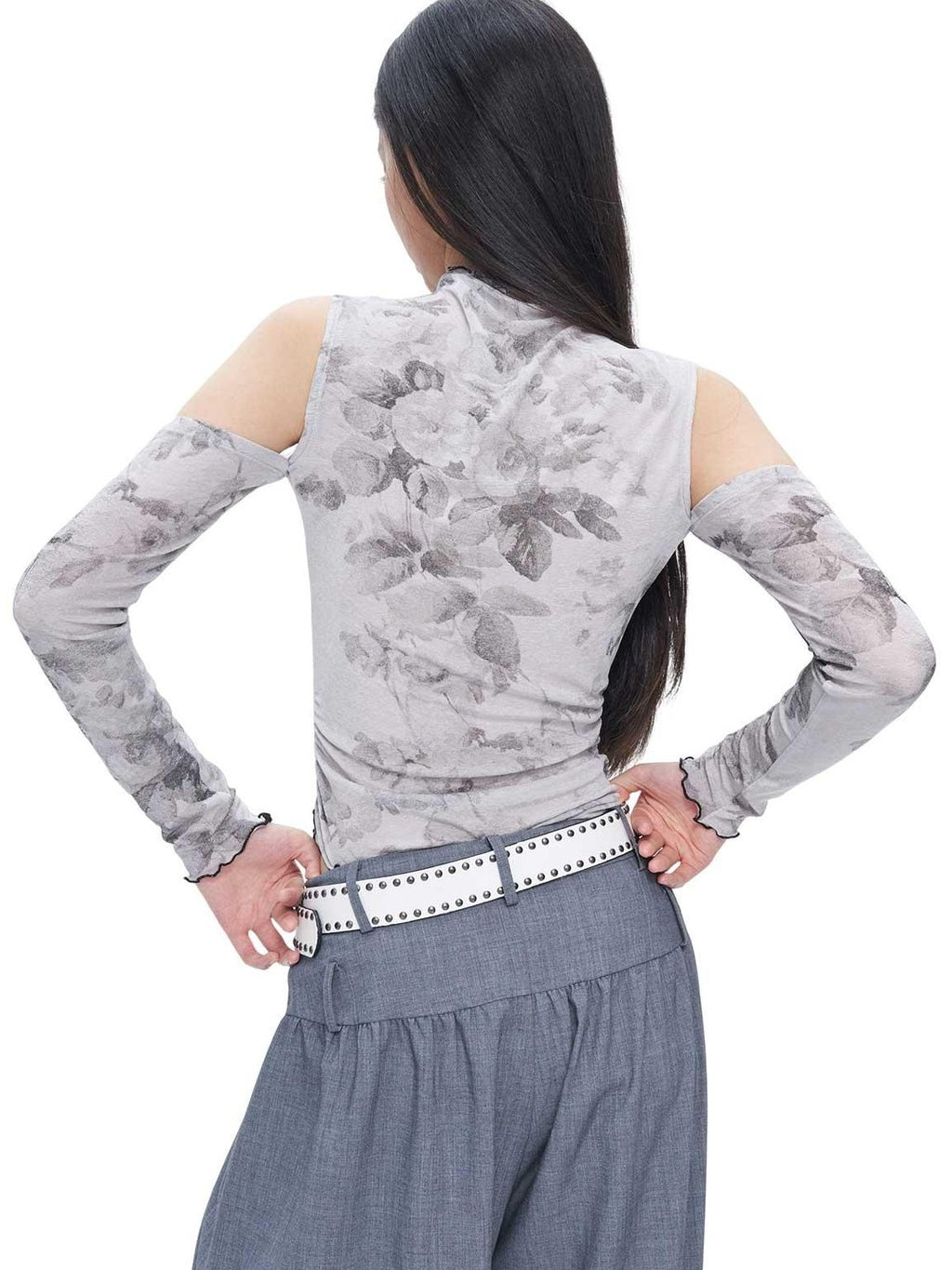 NextPassport MOF Gray Ink Wash Off Shoulder Cutout Waist Asymmetric Women's Long Sleeve T-shirts