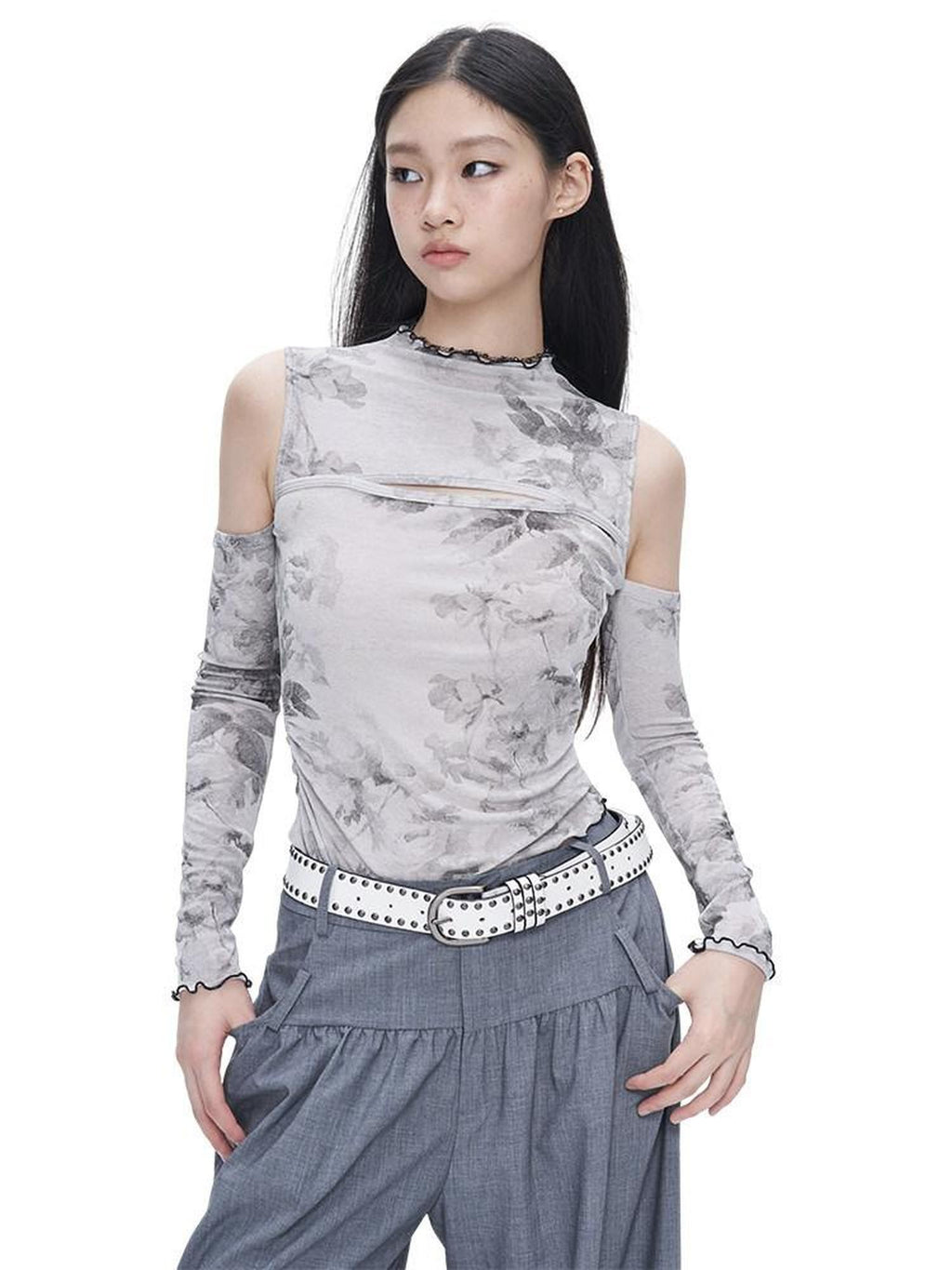 NextPassport MOF Gray Ink Wash Off Shoulder Cutout Waist Asymmetric Women's Long Sleeve T-shirts