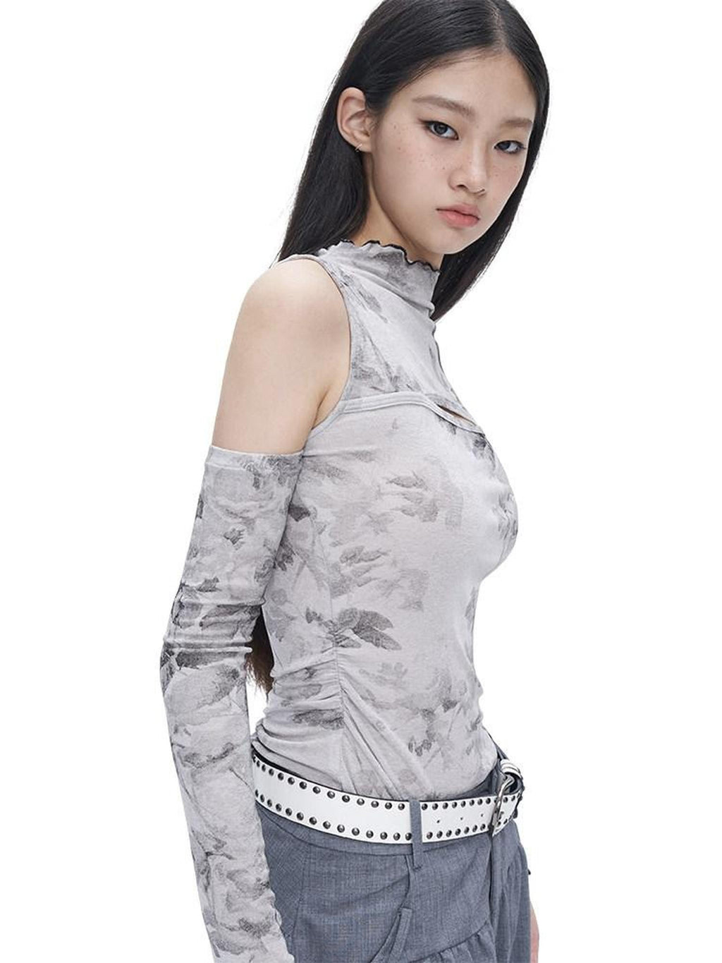 NextPassport MOF Gray Ink Wash Off Shoulder Cutout Waist Asymmetric Women's Long Sleeve T-shirts