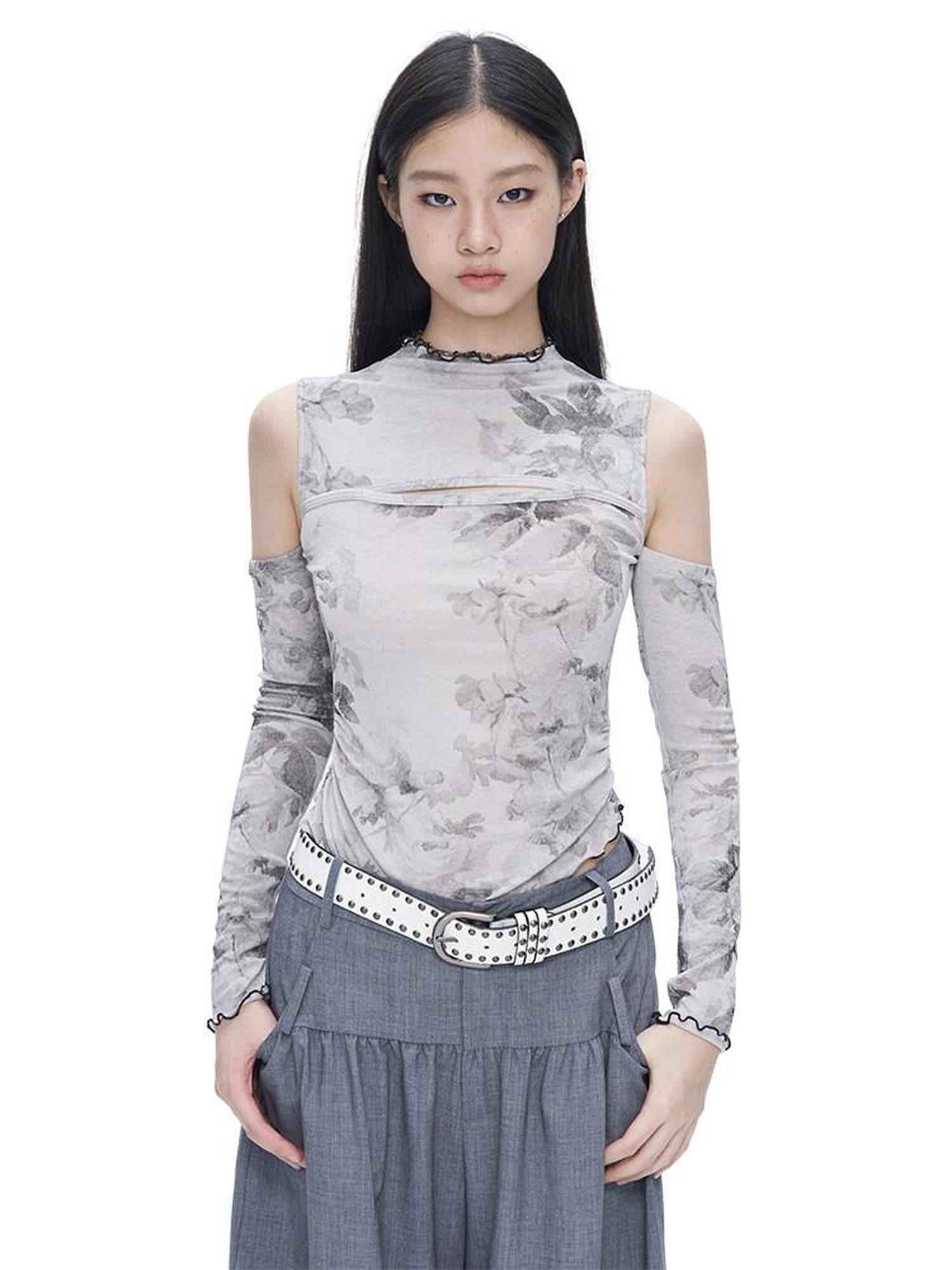 NextPassport MOF Gray Ink Wash Off Shoulder Cutout Waist Asymmetric Women's Long Sleeve T-shirts