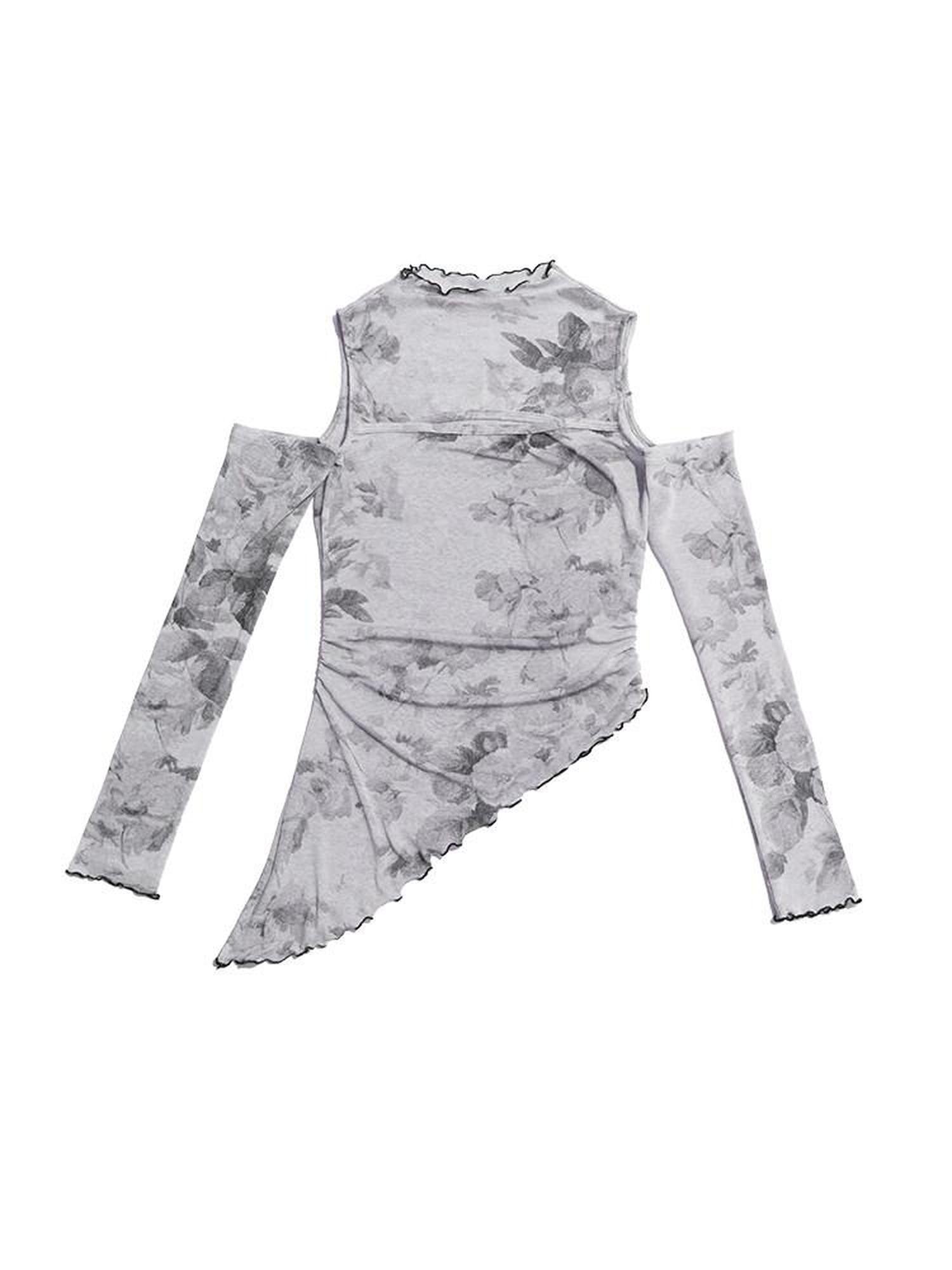 NextPassport MOF Gray Ink Wash Off Shoulder Cutout Waist Asymmetric Women's Long Sleeve T-shirts