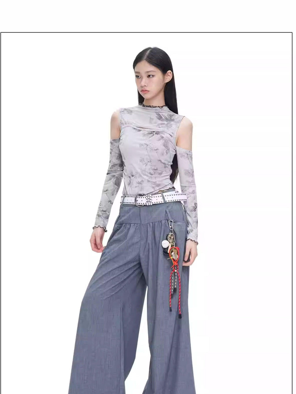 NextPassport MOF Gray Ink Wash Off Shoulder Cutout Waist Asymmetric Women's Long Sleeve T-shirts