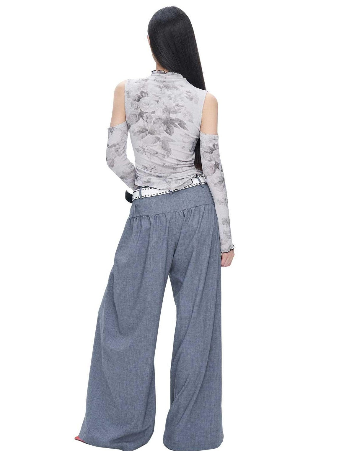 NextPassport MOF Gray Ink Wash Off Shoulder Cutout Waist Asymmetric Women's Long Sleeve T-shirts