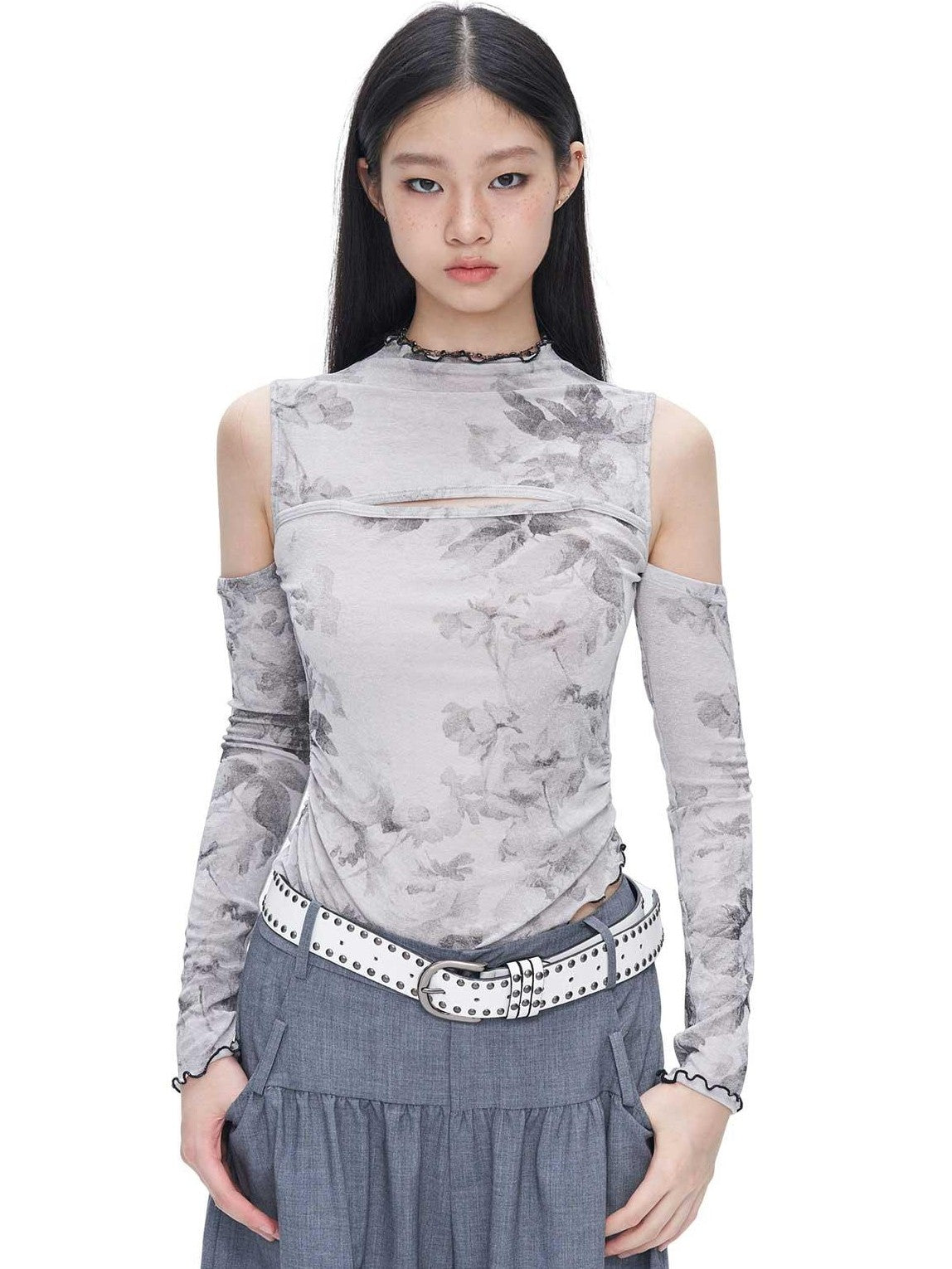 NextPassport MOF Gray Ink Wash Off Shoulder Cutout Waist Asymmetric Women's Long Sleeve T-shirts