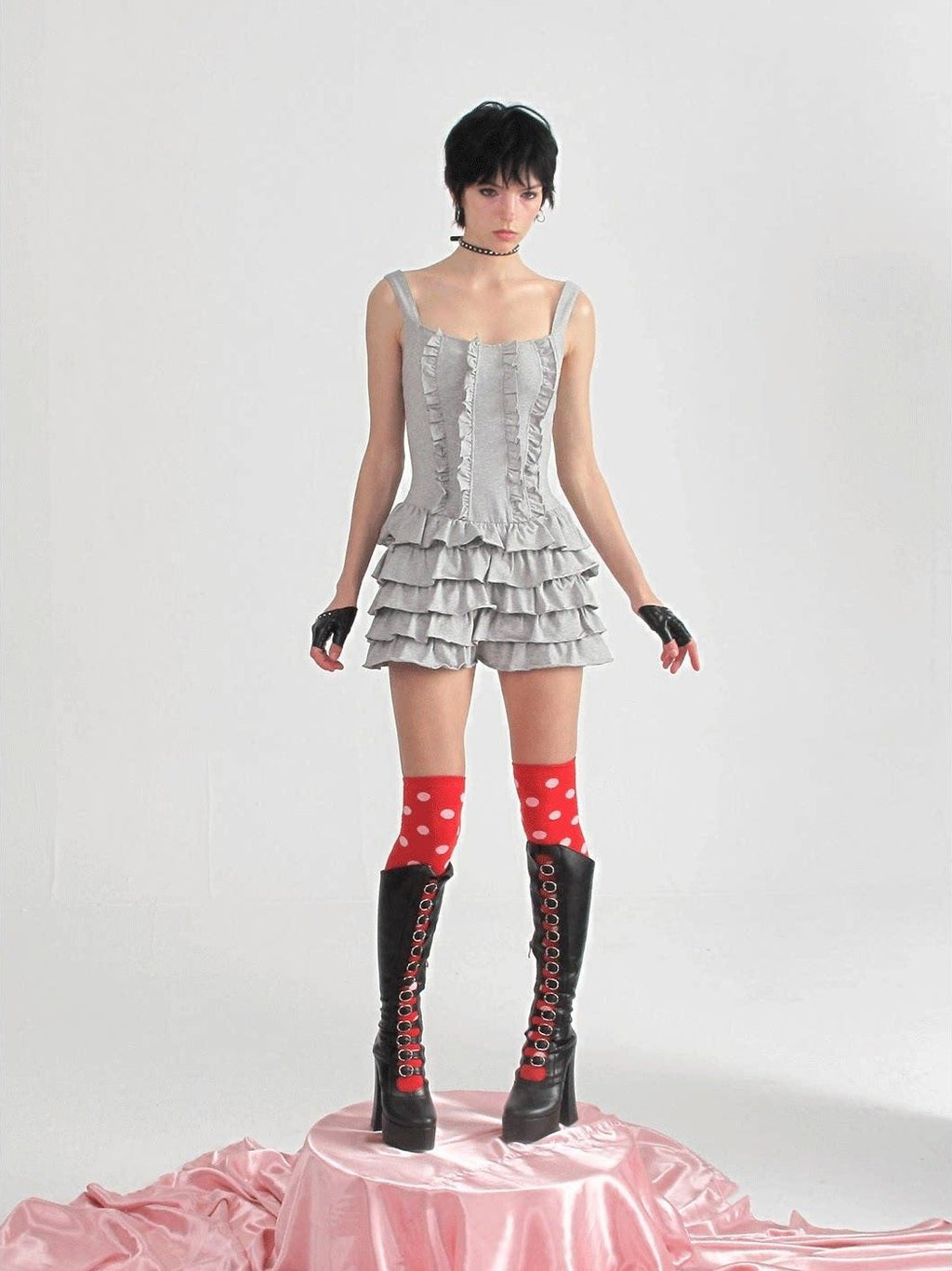 NextPassport MOF Gray Knit Puffed Tiered Spaghetti Strap Women's Cotton Slip Mini Dresses