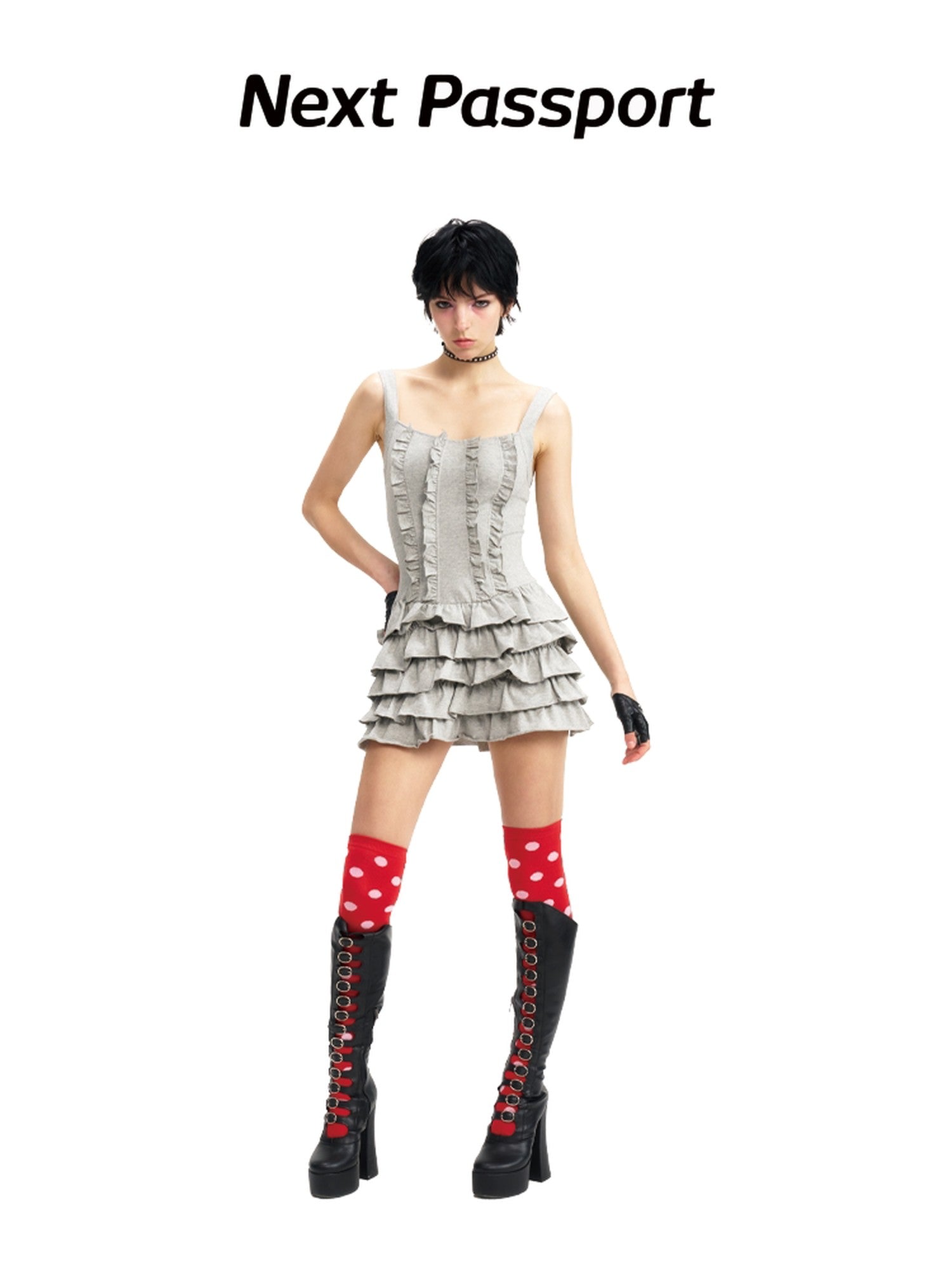 NextPassport MOF Gray Knit Puffed Tiered Spaghetti Strap Women's Cotton Slip Mini Dresses