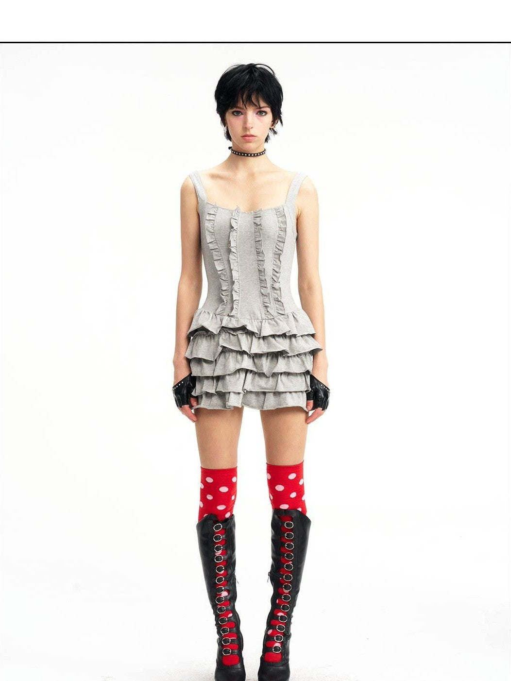 NextPassport MOF Gray Knit Puffed Tiered Spaghetti Strap Women's Cotton Slip Mini Dresses