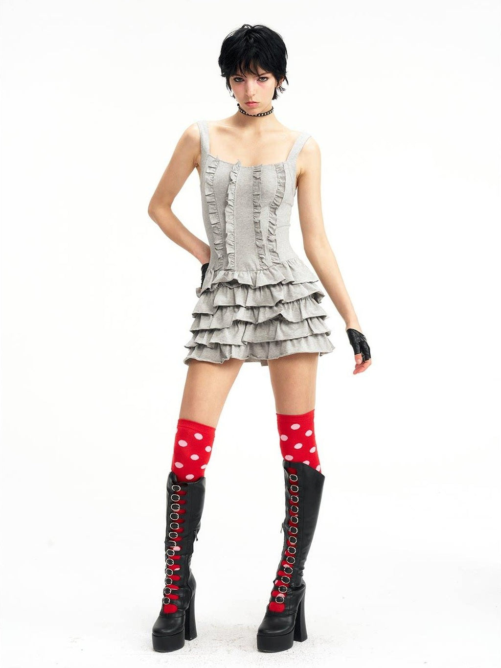NextPassport MOF Gray Knit Puffed Tiered Spaghetti Strap Women's Cotton Slip Mini Dresses