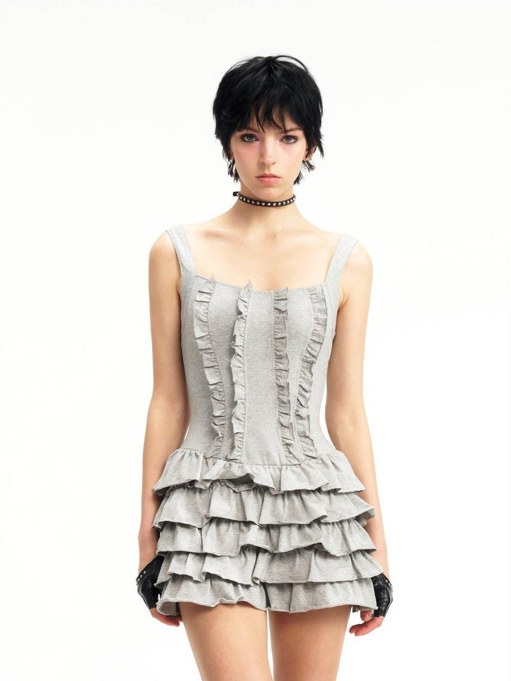 NextPassport MOF Gray Knit Puffed Tiered Spaghetti Strap Women's Cotton Slip Mini Dresses
