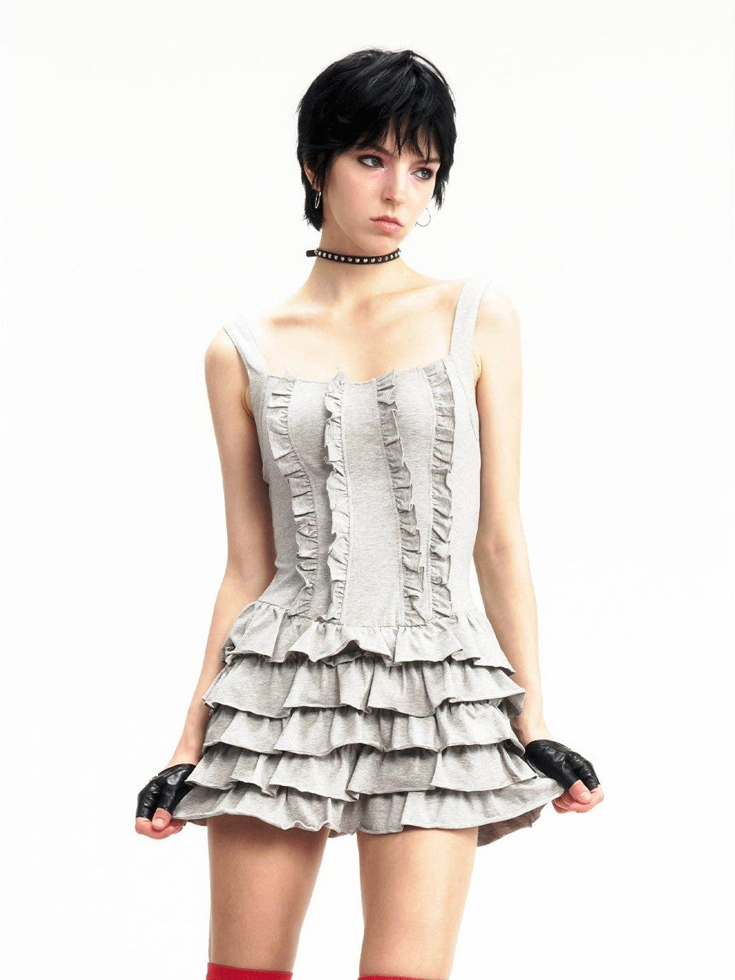 NextPassport MOF Gray Knit Puffed Tiered Spaghetti Strap Women's Cotton Slip Mini Dresses