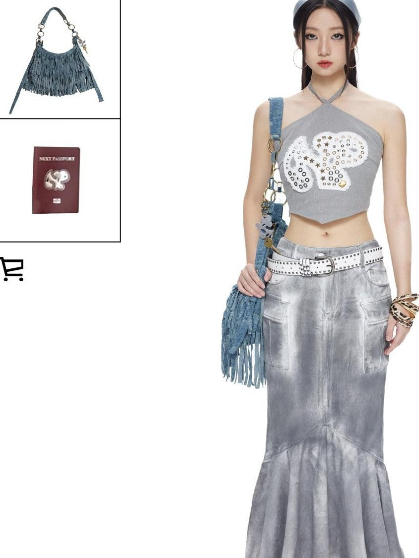 NextPassport MOF Gray Patchwork Metal Applique Frayed Dog Patch Halter Women's Cotton Camisoles