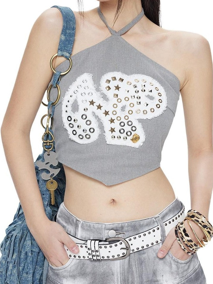 NextPassport MOF Gray Patchwork Metal Applique Frayed Dog Patch Halter Women's Cotton Camisoles