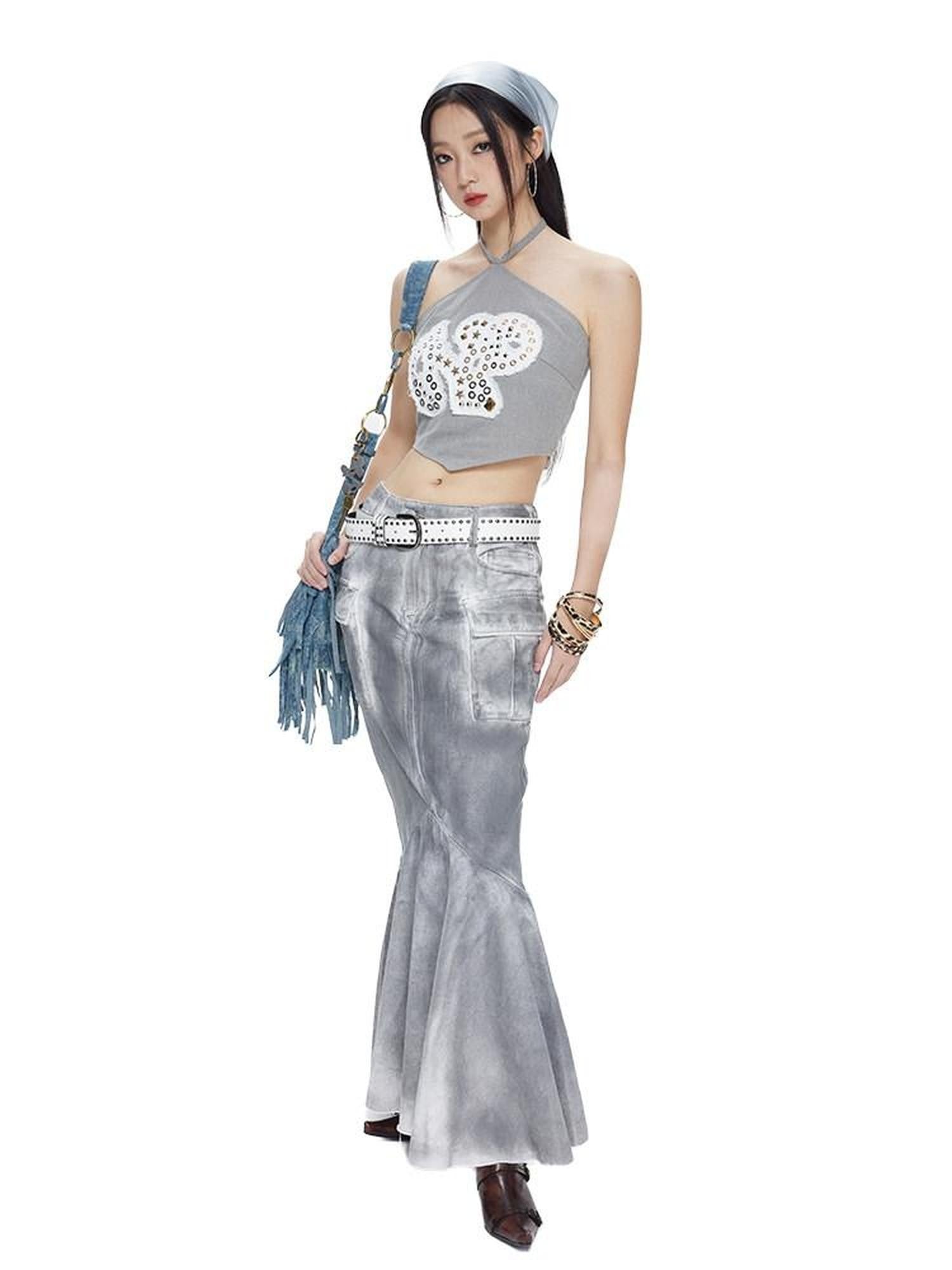 NextPassport MOF Gray Patchwork Metal Applique Frayed Dog Patch Halter Women's Cotton Camisoles