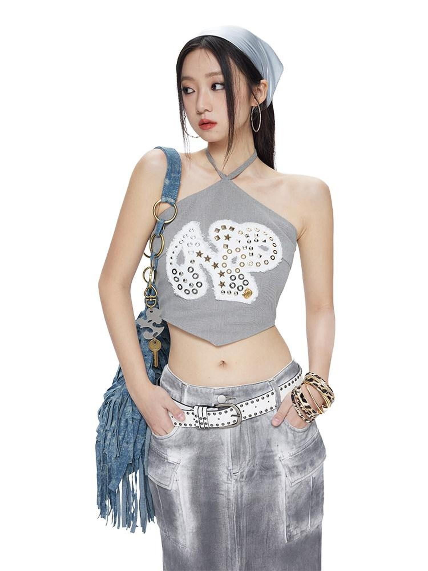 NextPassport MOF Gray Patchwork Metal Applique Frayed Dog Patch Halter Women's Cotton Camisoles