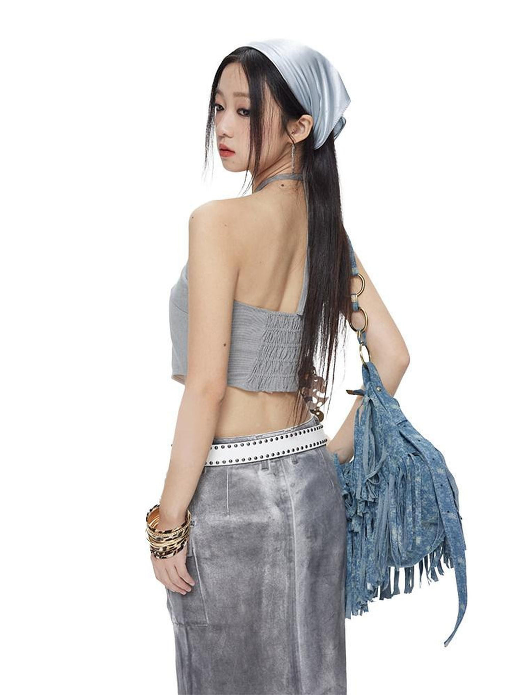 NextPassport MOF Gray Patchwork Metal Applique Frayed Dog Patch Halter Women's Cotton Camisoles