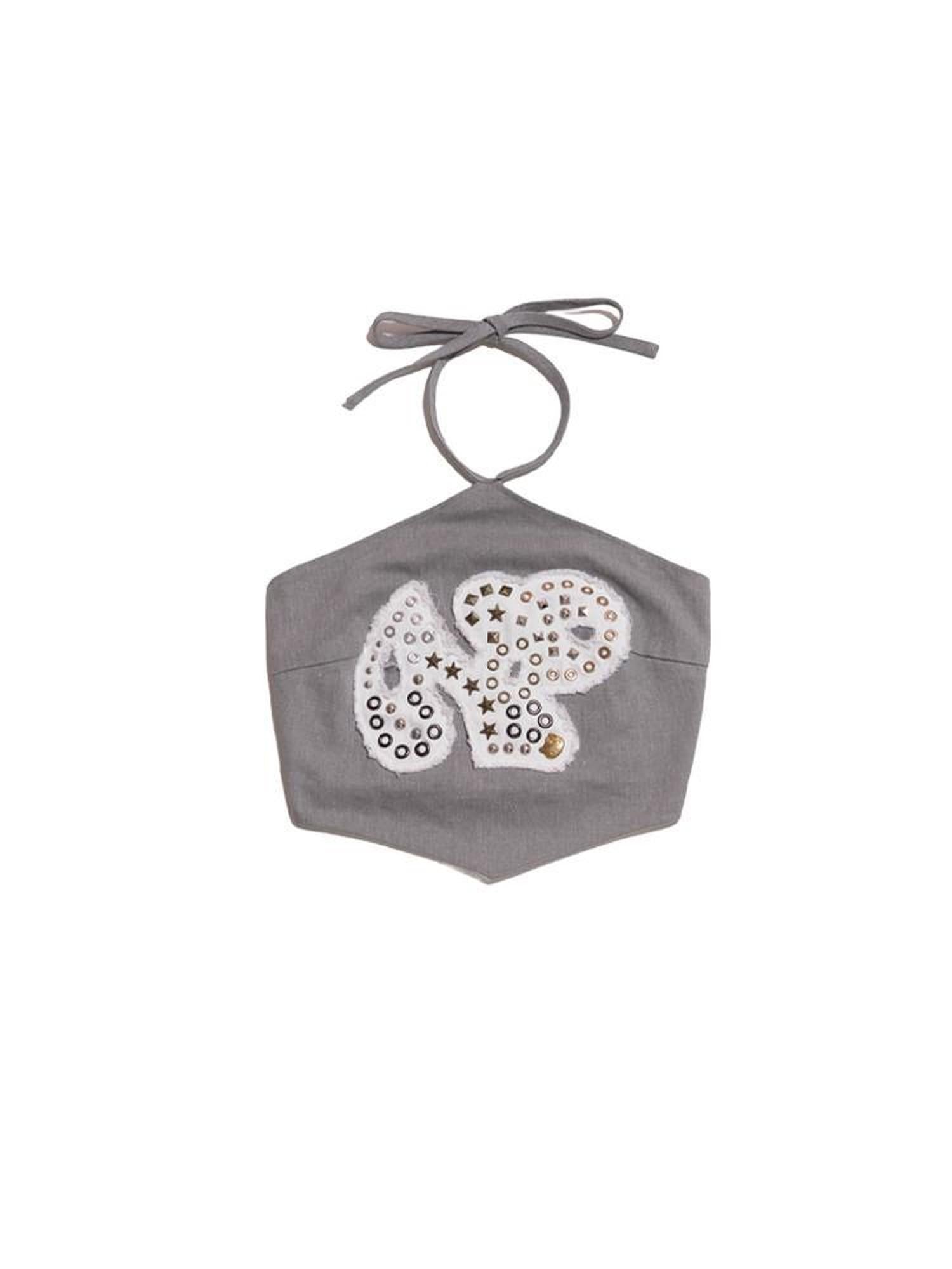 NextPassport MOF Gray Patchwork Metal Applique Frayed Dog Patch Halter Women's Cotton Camisoles