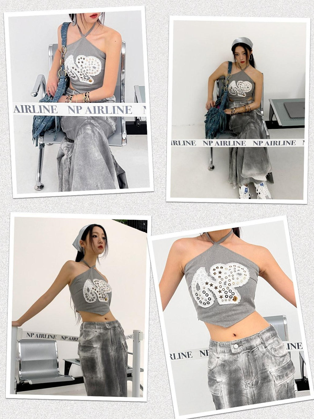 NextPassport MOF Gray Patchwork Metal Applique Frayed Dog Patch Halter Women's Cotton Camisoles