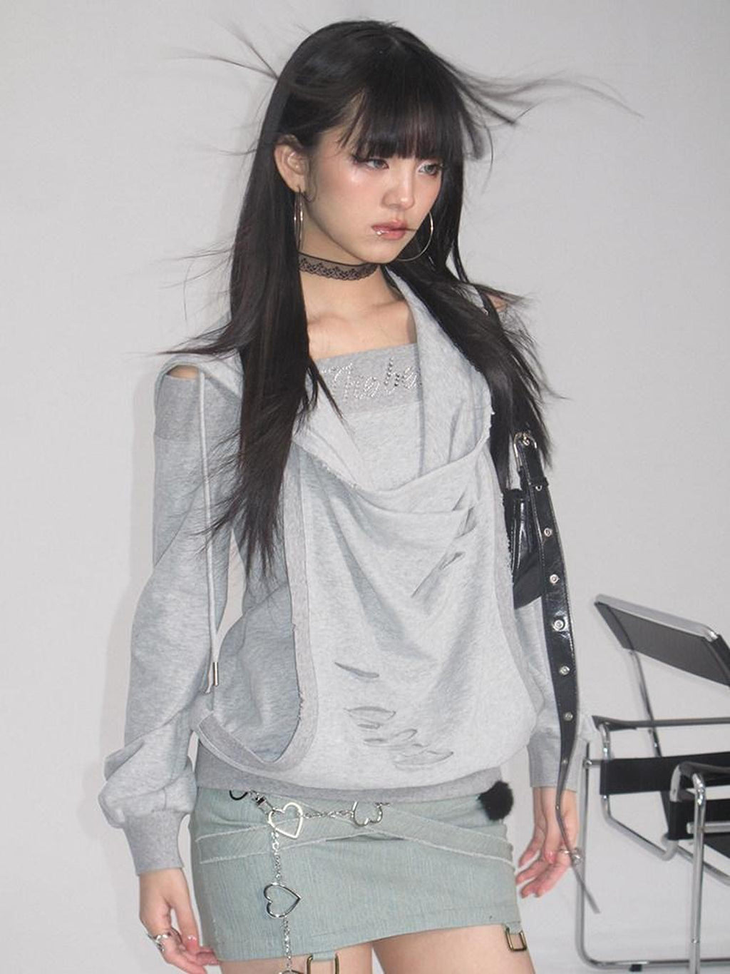 NextPassport MOF Gray Rhinestone Faux Layered Hooded Women's Cotton Long Sleeve T-shirts