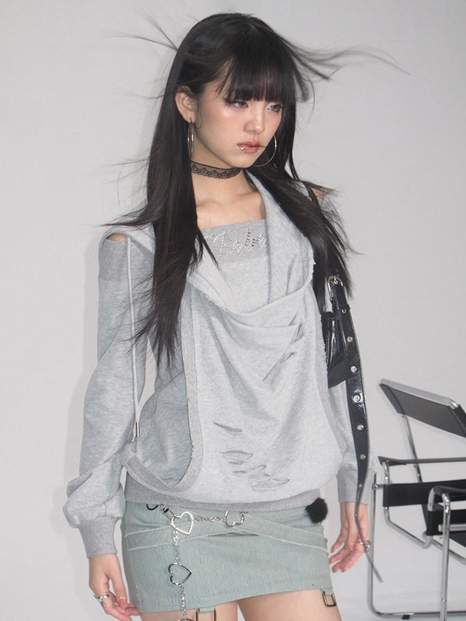 NextPassport MOF Gray Rhinestone Faux Layered Hooded Women's Cotton Long Sleeve T-shirts